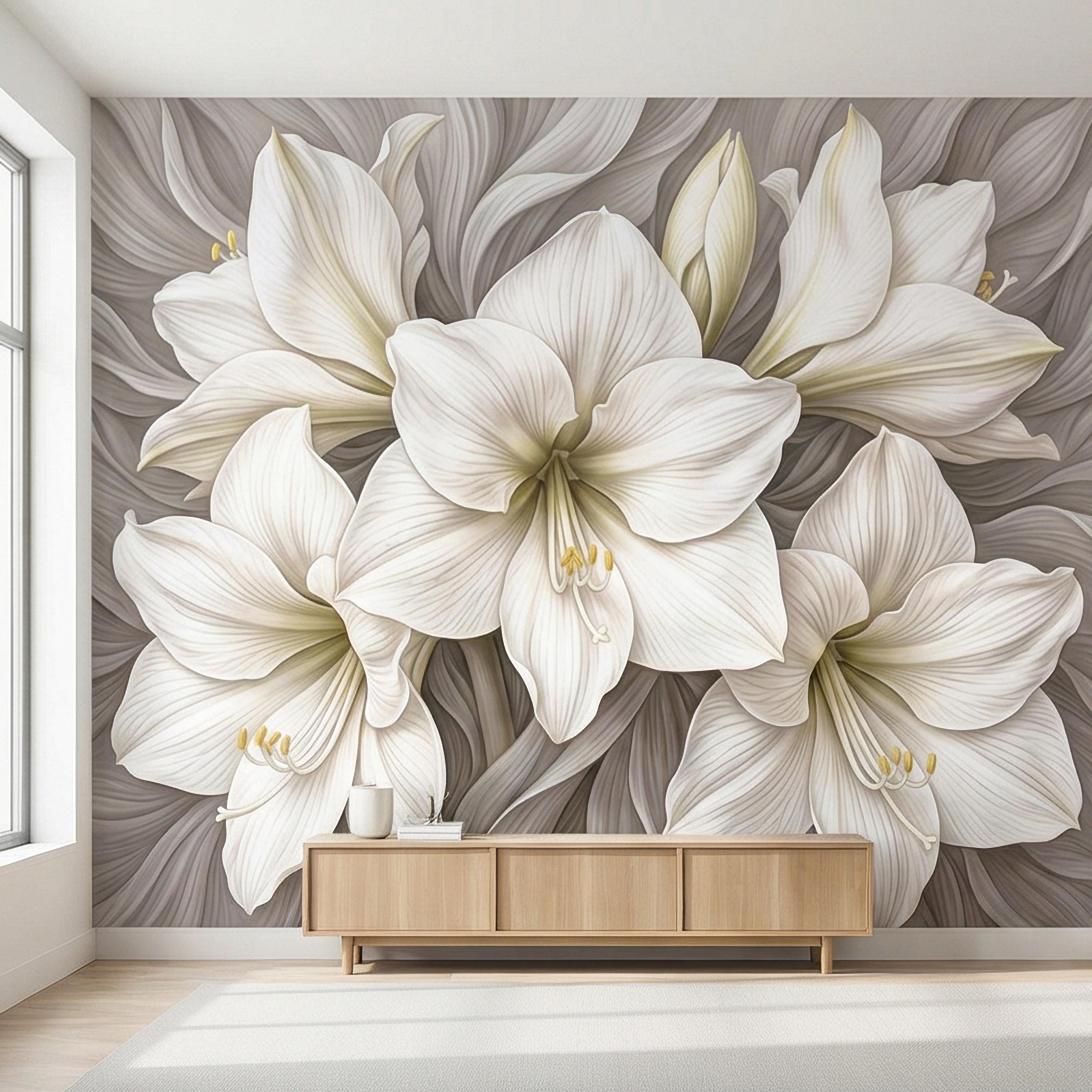 White Lily Peel and Stick Wall Mural, Neutral Floral, Elegant Large Bloom Botanical, Soft Taupe Luxury Wallpaper