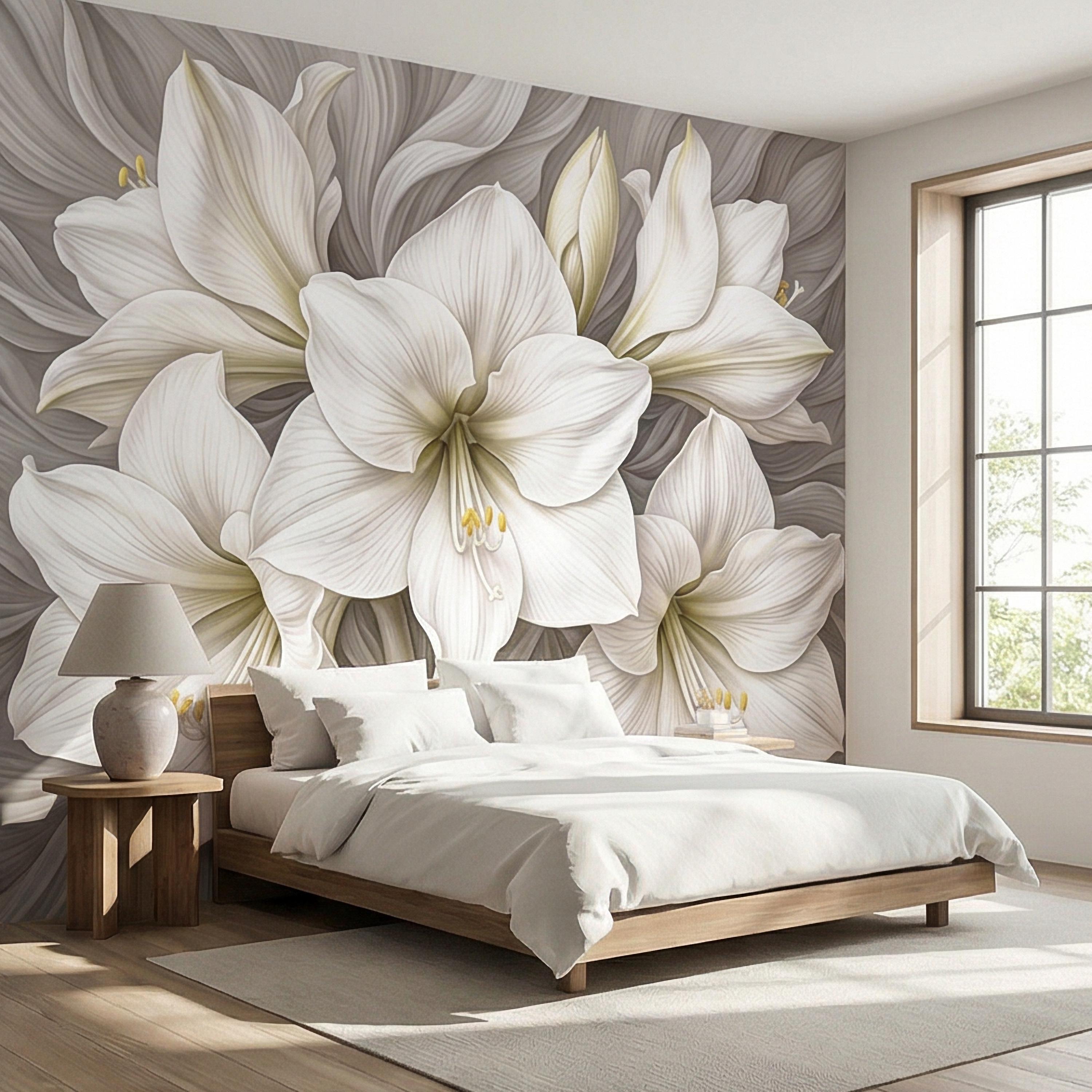 White Lily Peel and Stick Wall Mural, Neutral Floral, Elegant Large Bloom Botanical, Soft Taupe Luxury Wallpaper