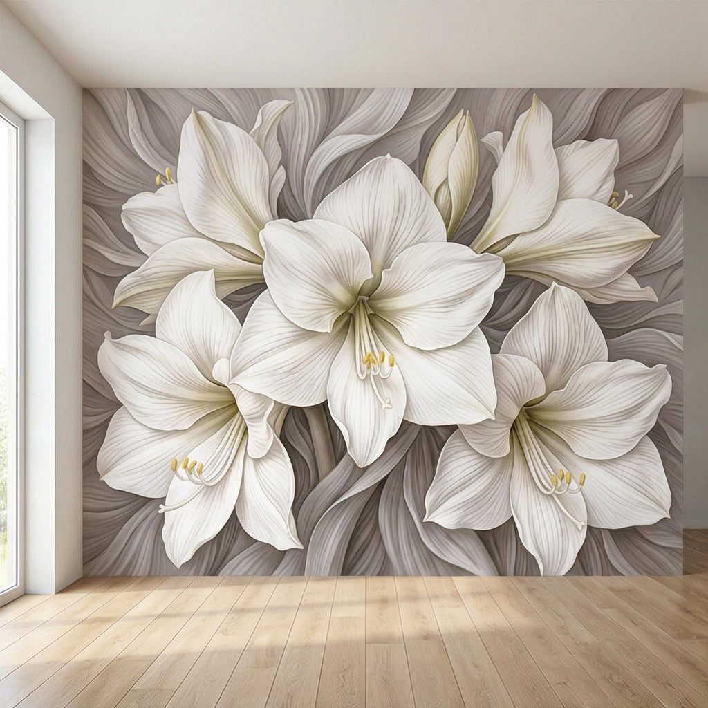 White Lily Peel and Stick Wall Mural, Neutral Floral, Elegant Large Bloom Botanical, Soft Taupe Luxury Wallpaper
