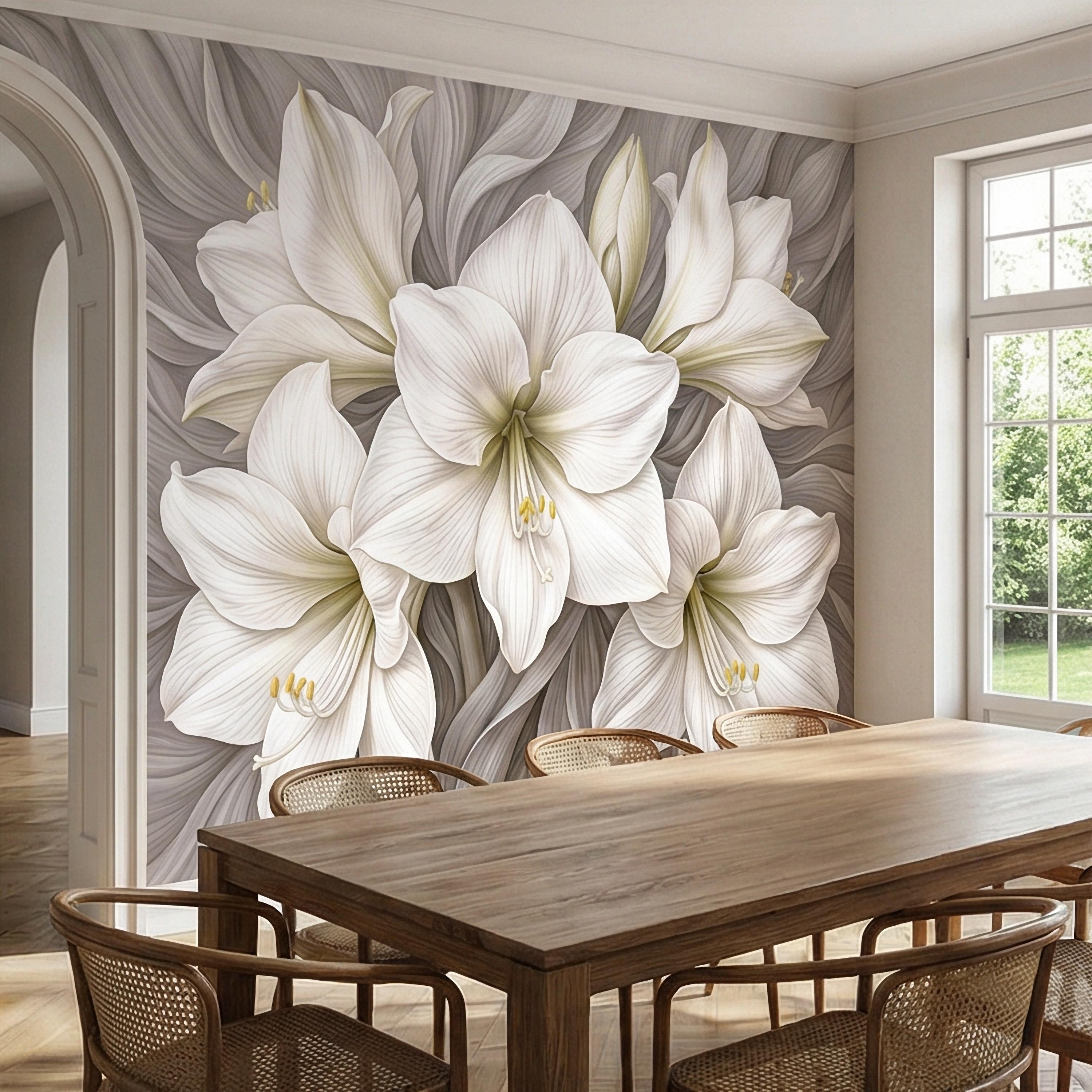 White Lily Peel and Stick Wall Mural, Neutral Floral, Elegant Large Bloom Botanical, Soft Taupe Luxury Wallpaper