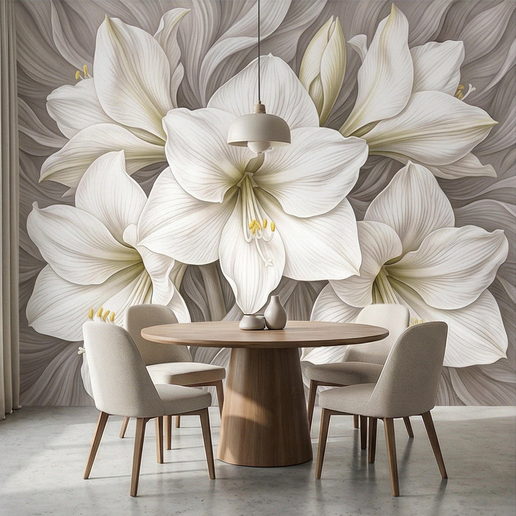White Lily Peel and Stick Wall Mural, Neutral Floral, Elegant Large Bloom Botanical, Soft Taupe Luxury Wallpaper