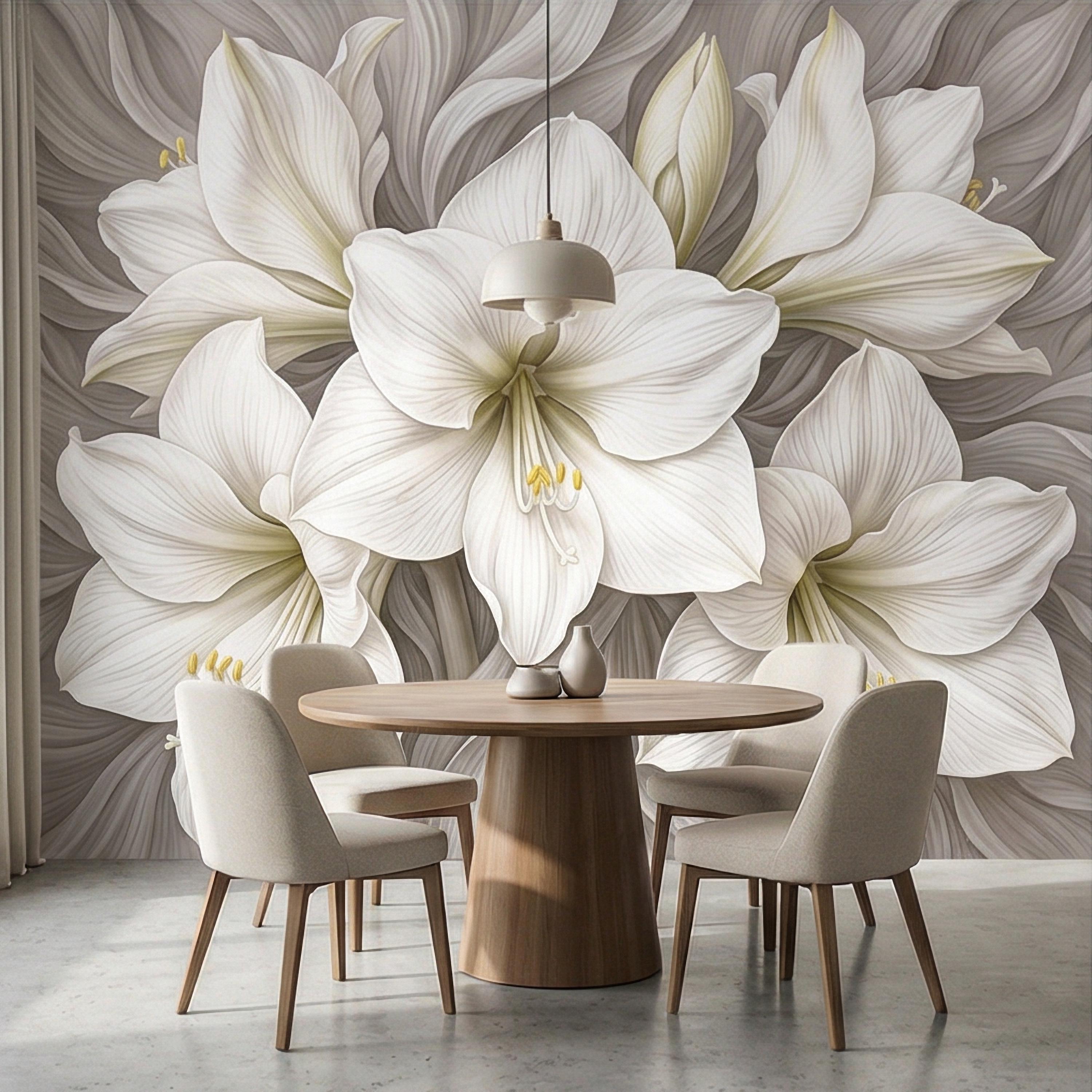 White Lily Peel and Stick Wall Mural, Neutral Floral, Elegant Large Bloom Botanical, Soft Taupe Luxury Wallpaper