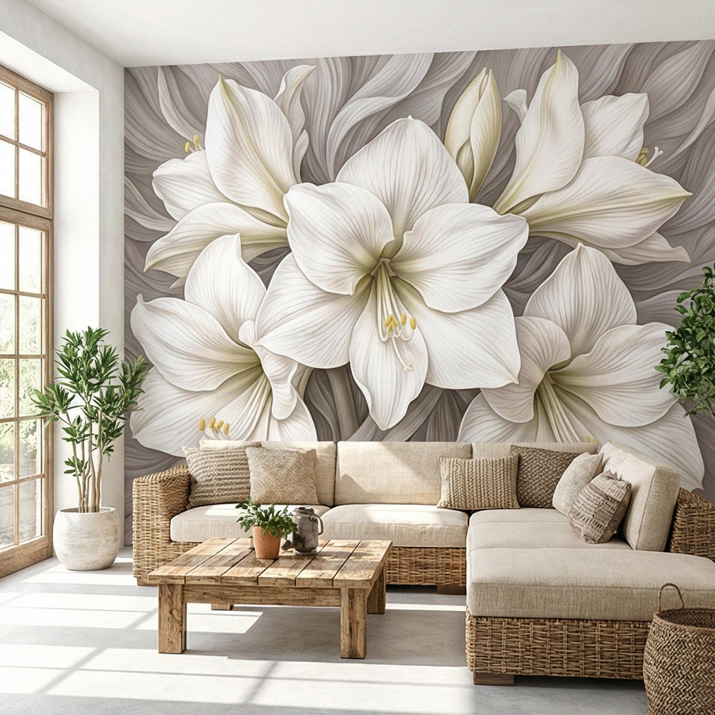 White Lily Peel and Stick Wall Mural, Neutral Floral, Elegant Large Bloom Botanical, Soft Taupe Luxury Wallpaper