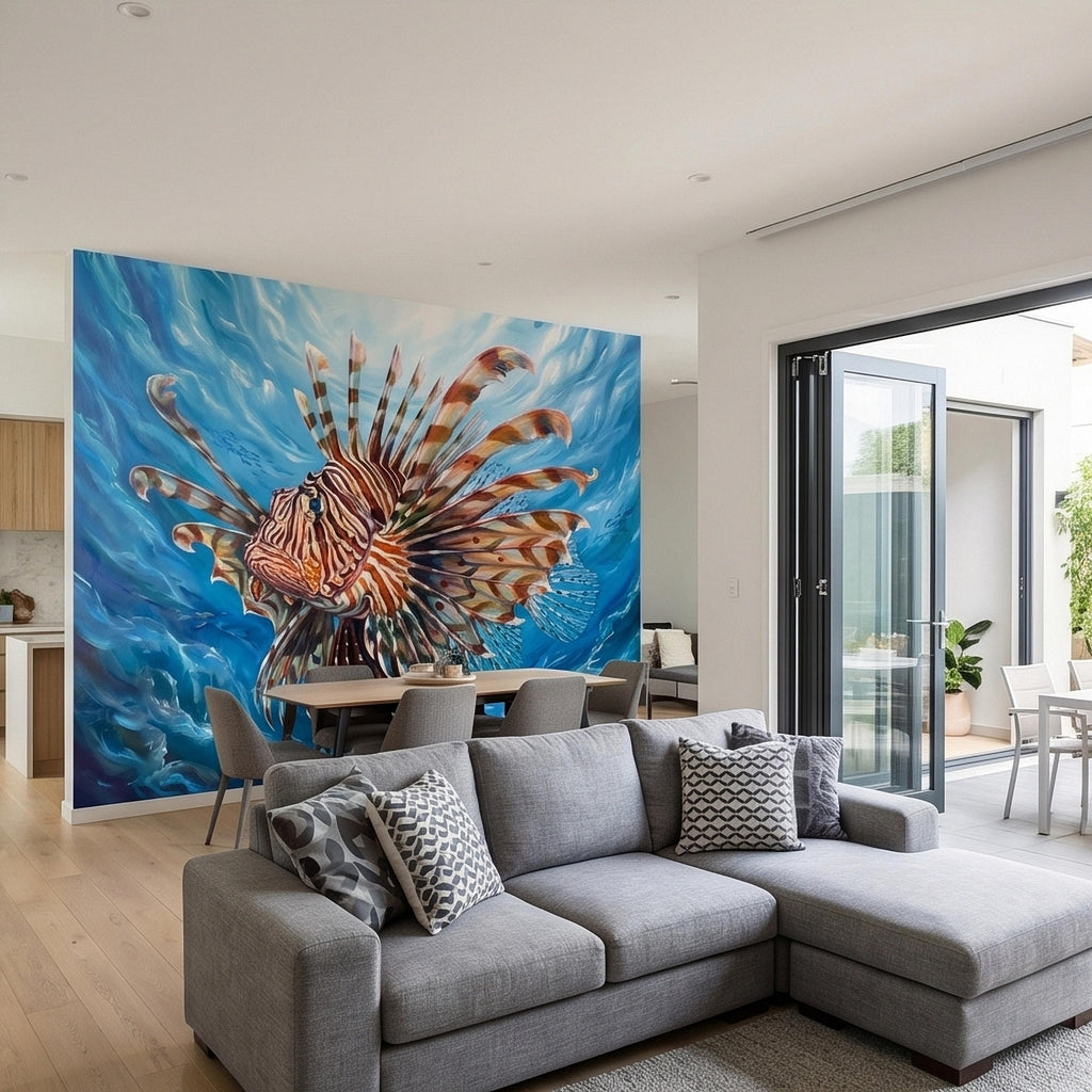 Lionfish Underwater Ocean Swirl Painting Peel and Stick Wall Mural, Tropical Reef Marine Life Fish Exotic Saltwater Blue Sea Wallpaper