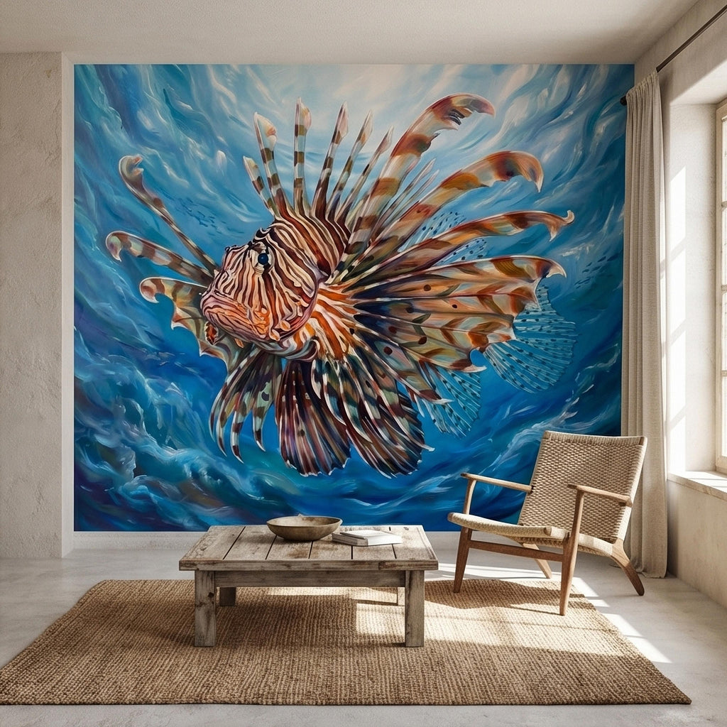 Lionfish Underwater Ocean Swirl Painting Peel and Stick Wall Mural, Tropical Reef Marine Life Fish Exotic Saltwater Blue Sea Wallpaper