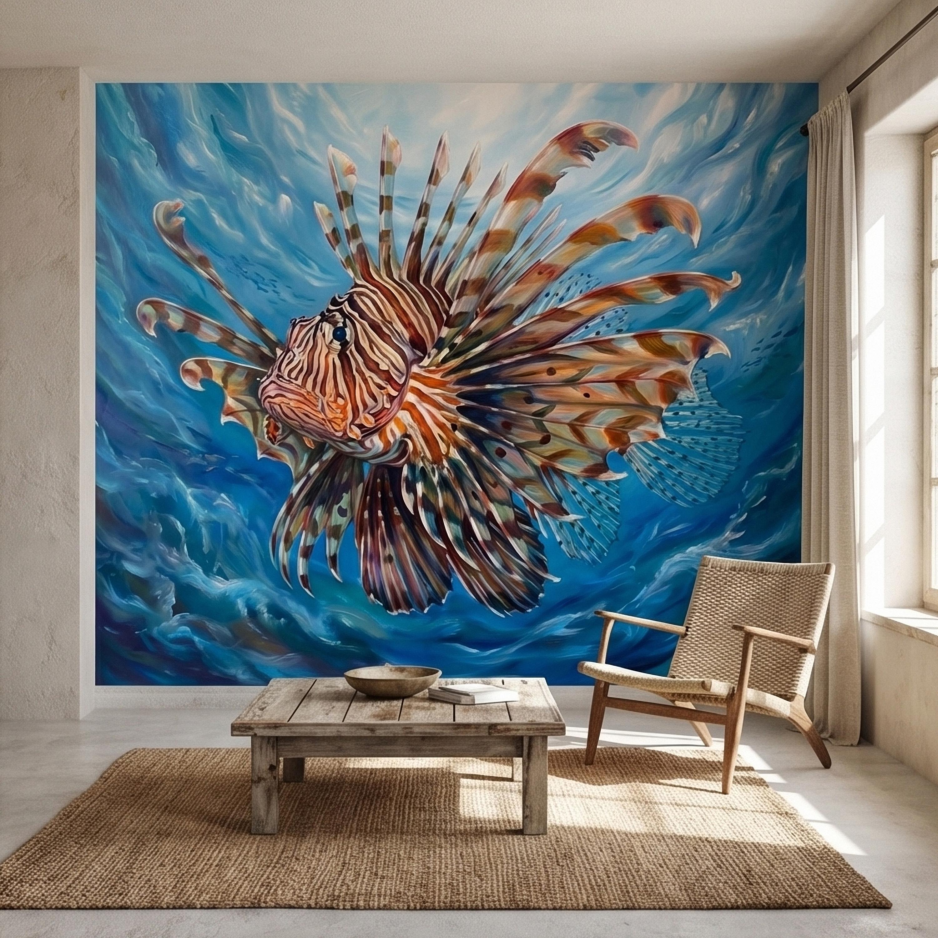 Lionfish Underwater Ocean Swirl Painting Peel and Stick Wall Mural, Tropical Reef Marine Life Fish Exotic Saltwater Blue Sea Wallpaper