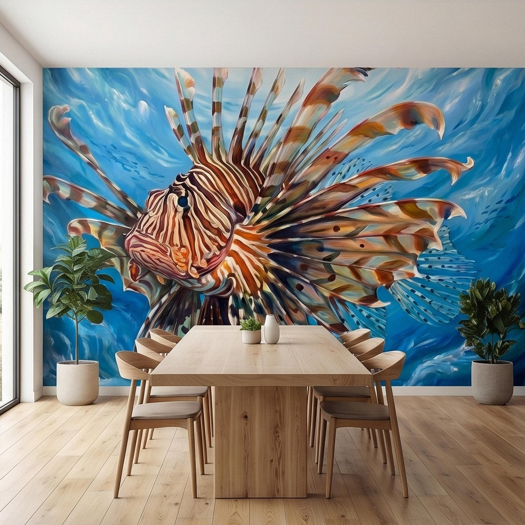Lionfish Underwater Ocean Swirl Painting Peel and Stick Wall Mural, Tropical Reef Marine Life Fish Exotic Saltwater Blue Sea Wallpaper