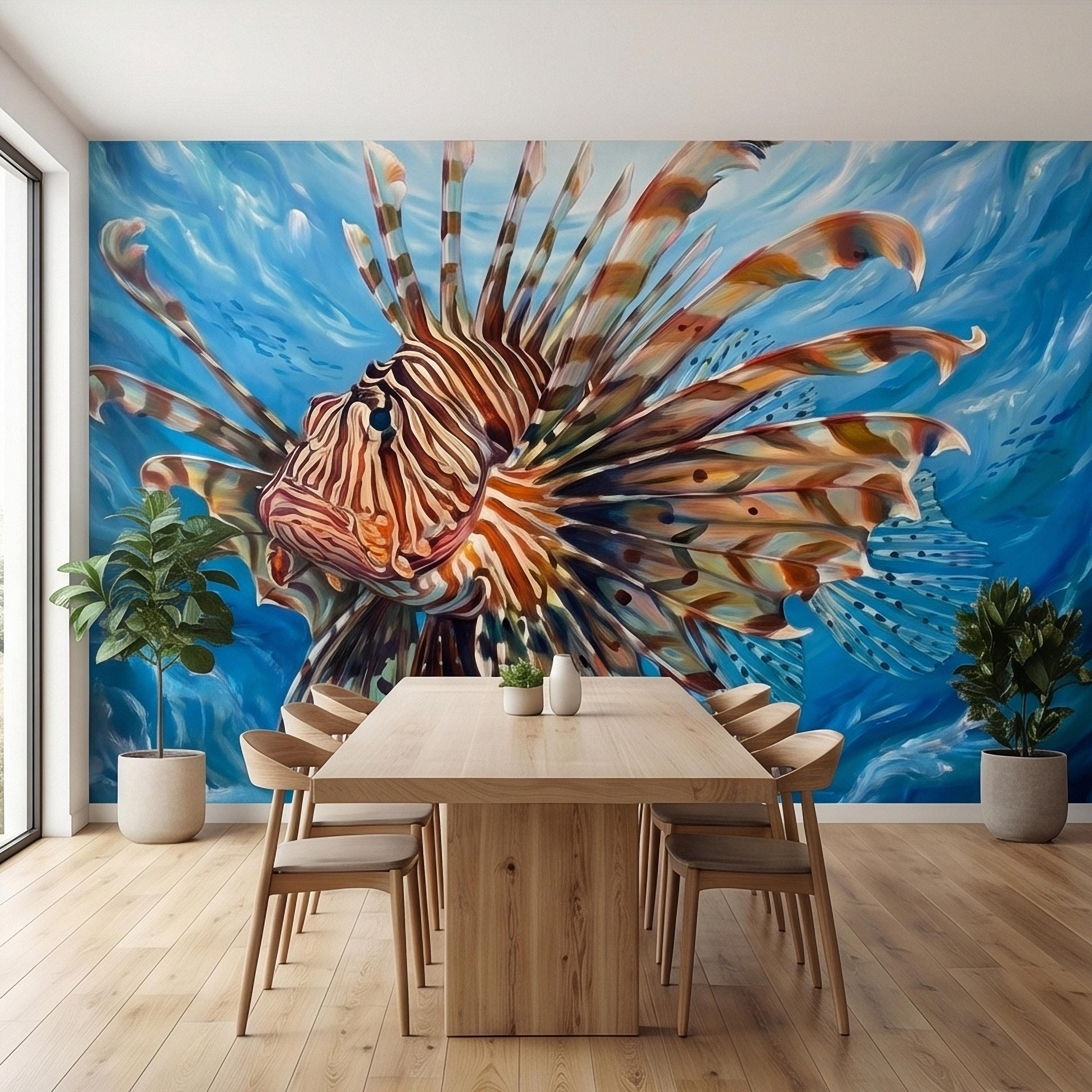 Lionfish Underwater Ocean Swirl Painting Peel and Stick Wall Mural, Tropical Reef Marine Life Fish Exotic Saltwater Blue Sea Wallpaper