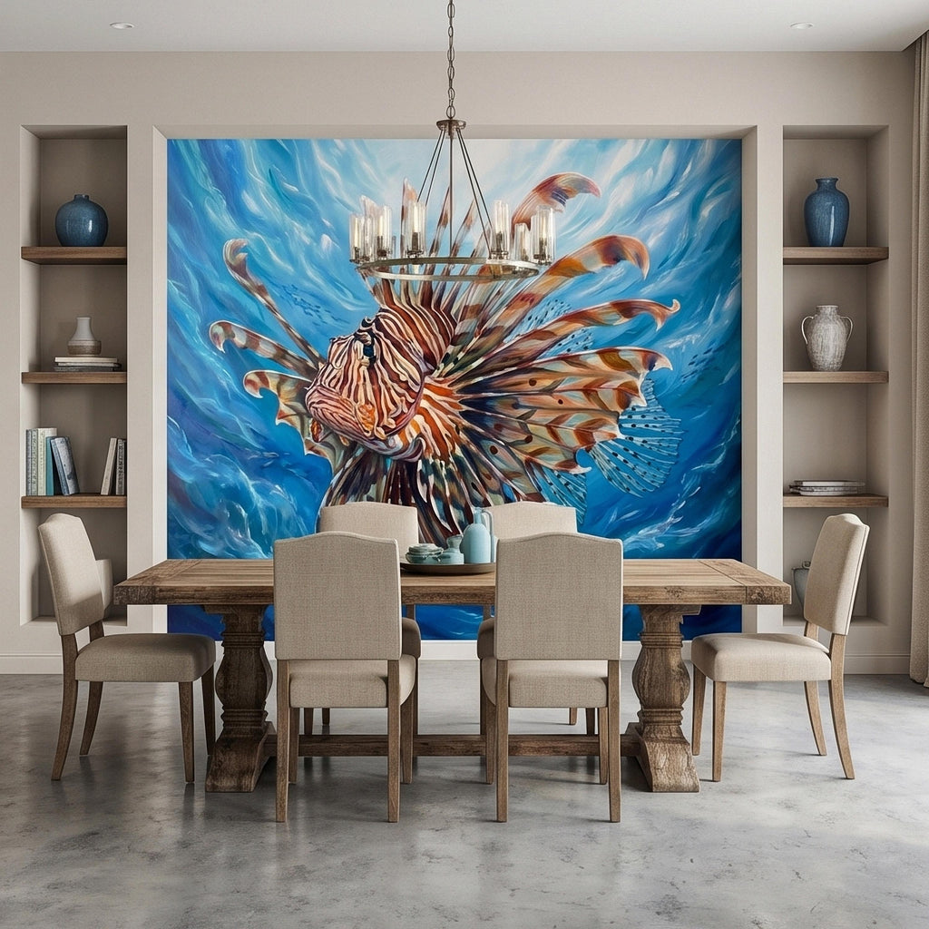 Lionfish Underwater Ocean Swirl Painting Peel and Stick Wall Mural, Tropical Reef Marine Life Fish Exotic Saltwater Blue Sea Wallpaper
