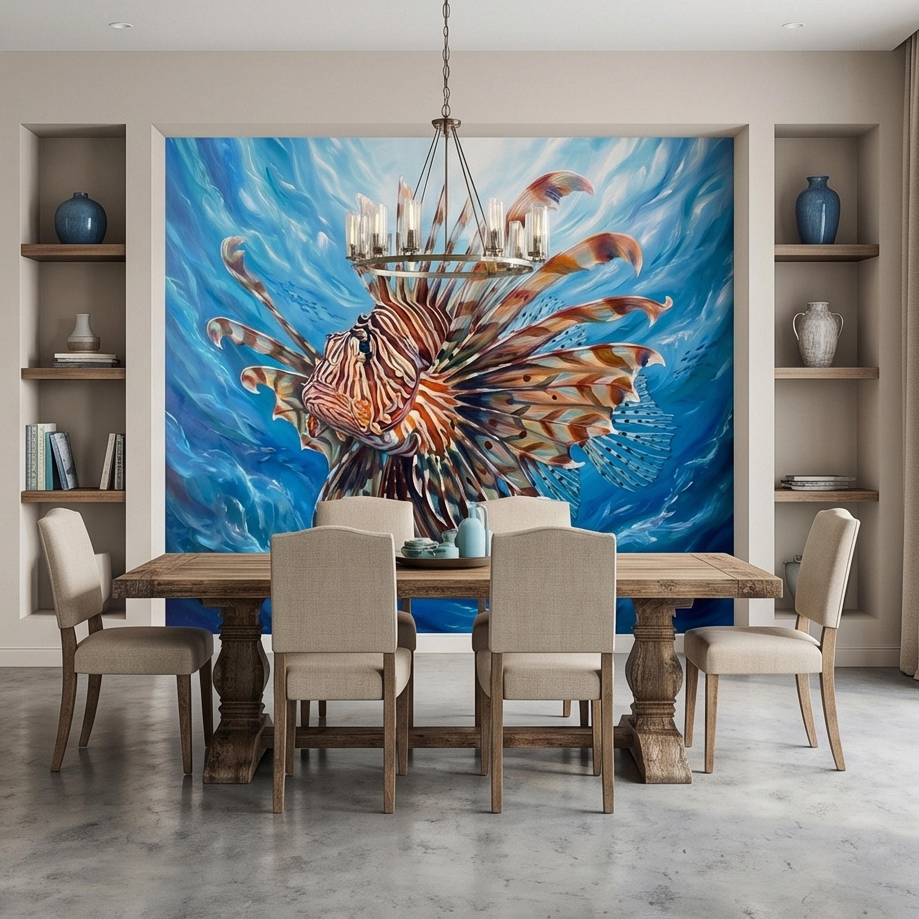 Lionfish Underwater Ocean Swirl Painting Peel and Stick Wall Mural, Tropical Reef Marine Life Fish Exotic Saltwater Blue Sea Wallpaper