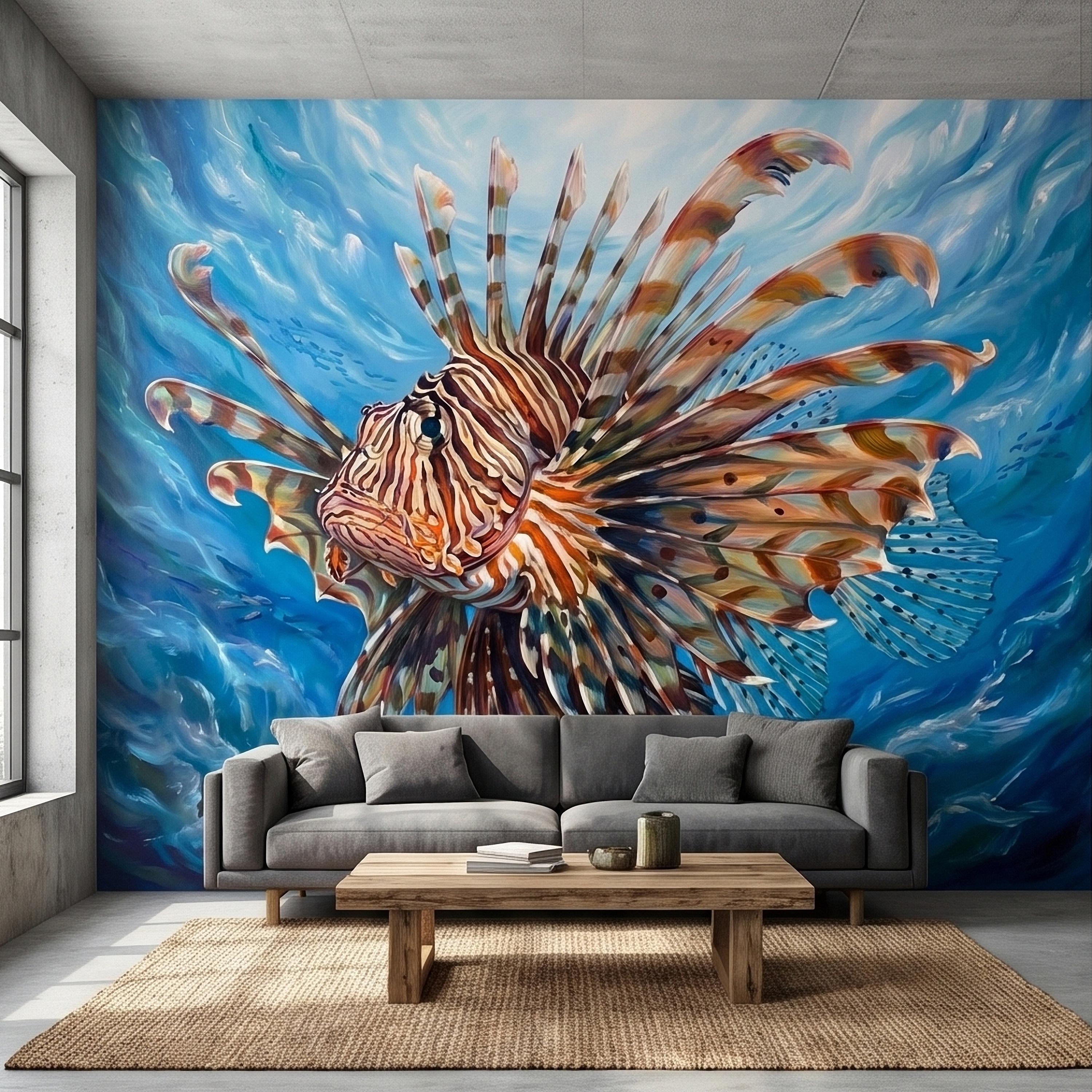 Lionfish Underwater Ocean Swirl Painting Peel and Stick Wall Mural, Tropical Reef Marine Life Fish Exotic Saltwater Blue Sea Wallpaper