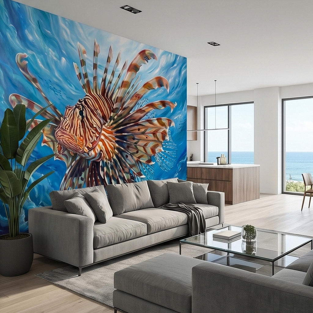 Lionfish Underwater Ocean Swirl Painting Peel and Stick Wall Mural, Tropical Reef Marine Life Fish Exotic Saltwater Blue Sea Wallpaper