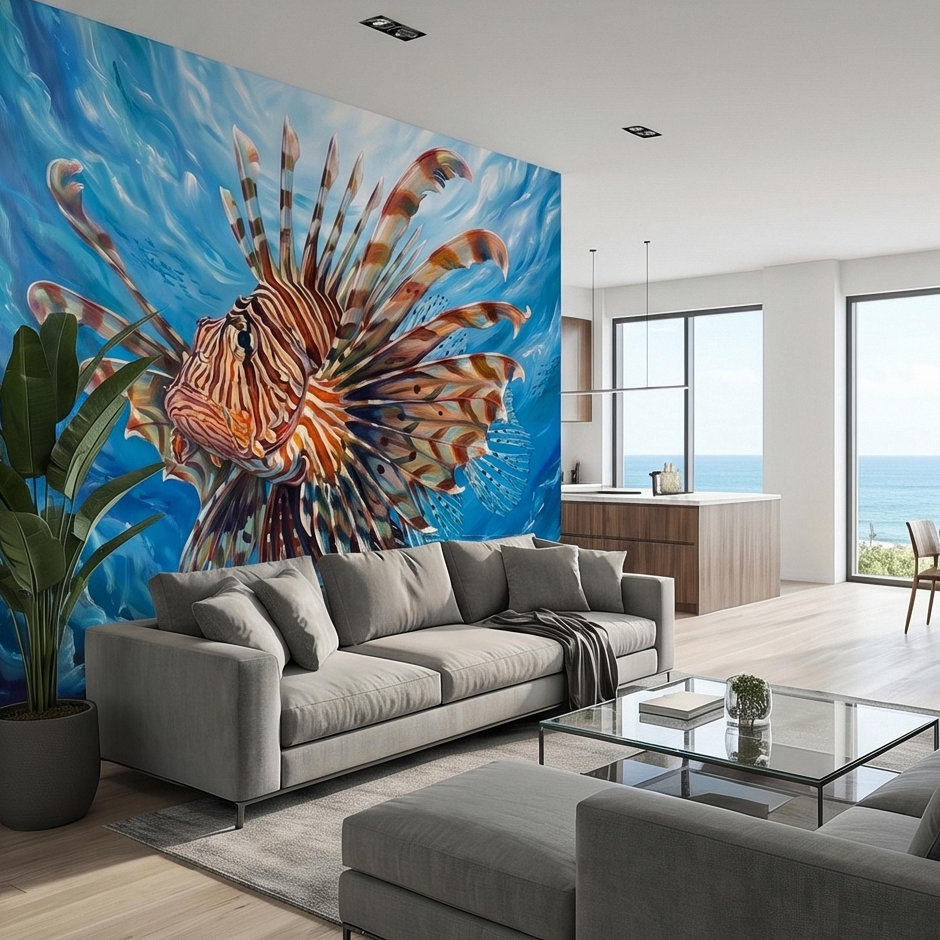 Lionfish Underwater Ocean Swirl Painting Peel and Stick Wall Mural, Tropical Reef Marine Life Fish Exotic Saltwater Blue Sea Wallpaper