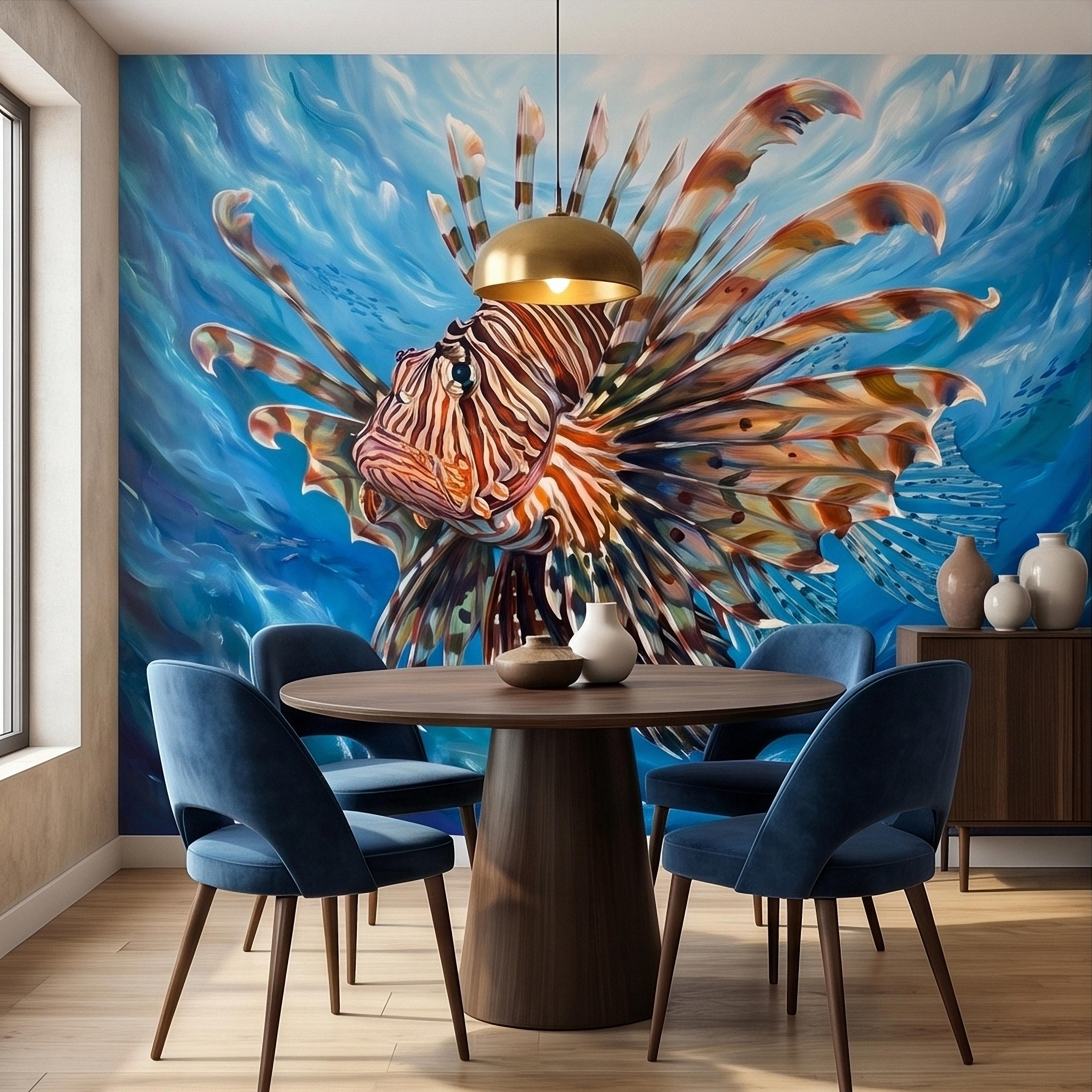 Lionfish Underwater Ocean Swirl Painting Peel and Stick Wall Mural, Tropical Reef Marine Life Fish Exotic Saltwater Blue Sea Wallpaper