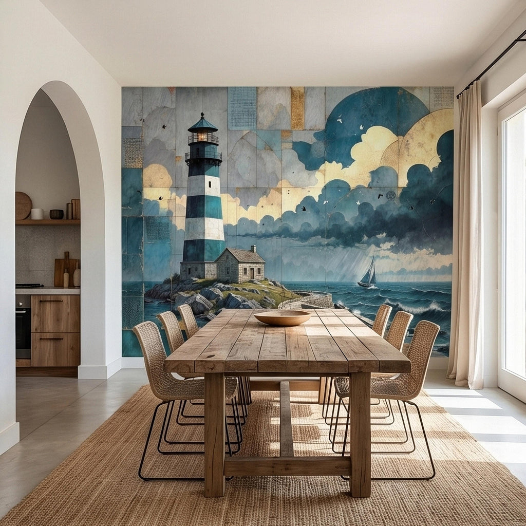 Vintage Coastal Lighthouse Ocean Seascape Collage Peel and Stick Wall Mural, Nautical Sailboat Sea Waves Teal Blue Patchwork Sky Wallpaper