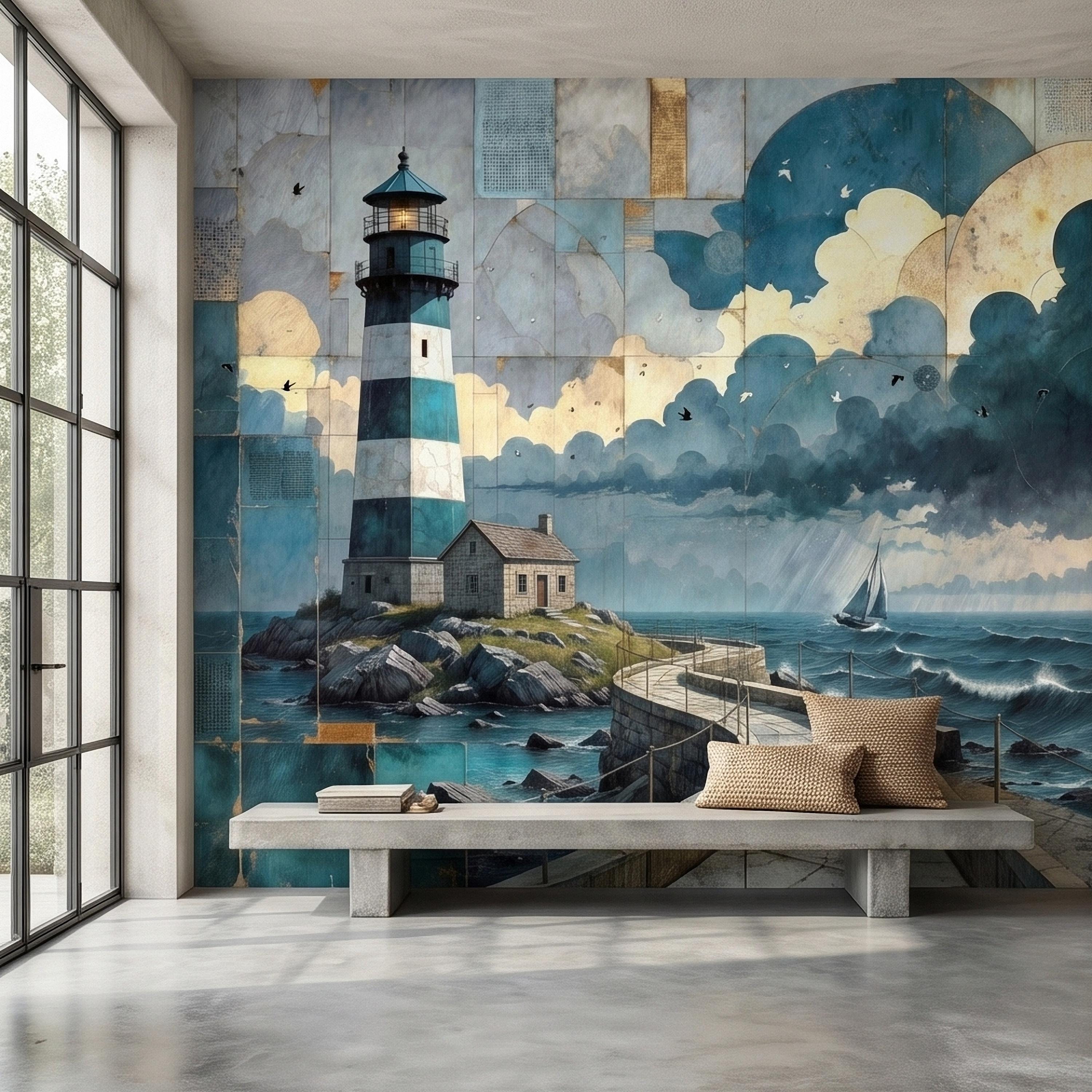 Vintage Coastal Lighthouse Ocean Seascape Collage Peel and Stick Wall Mural, Nautical Sailboat Sea Waves Teal Blue Patchwork Sky Wallpaper