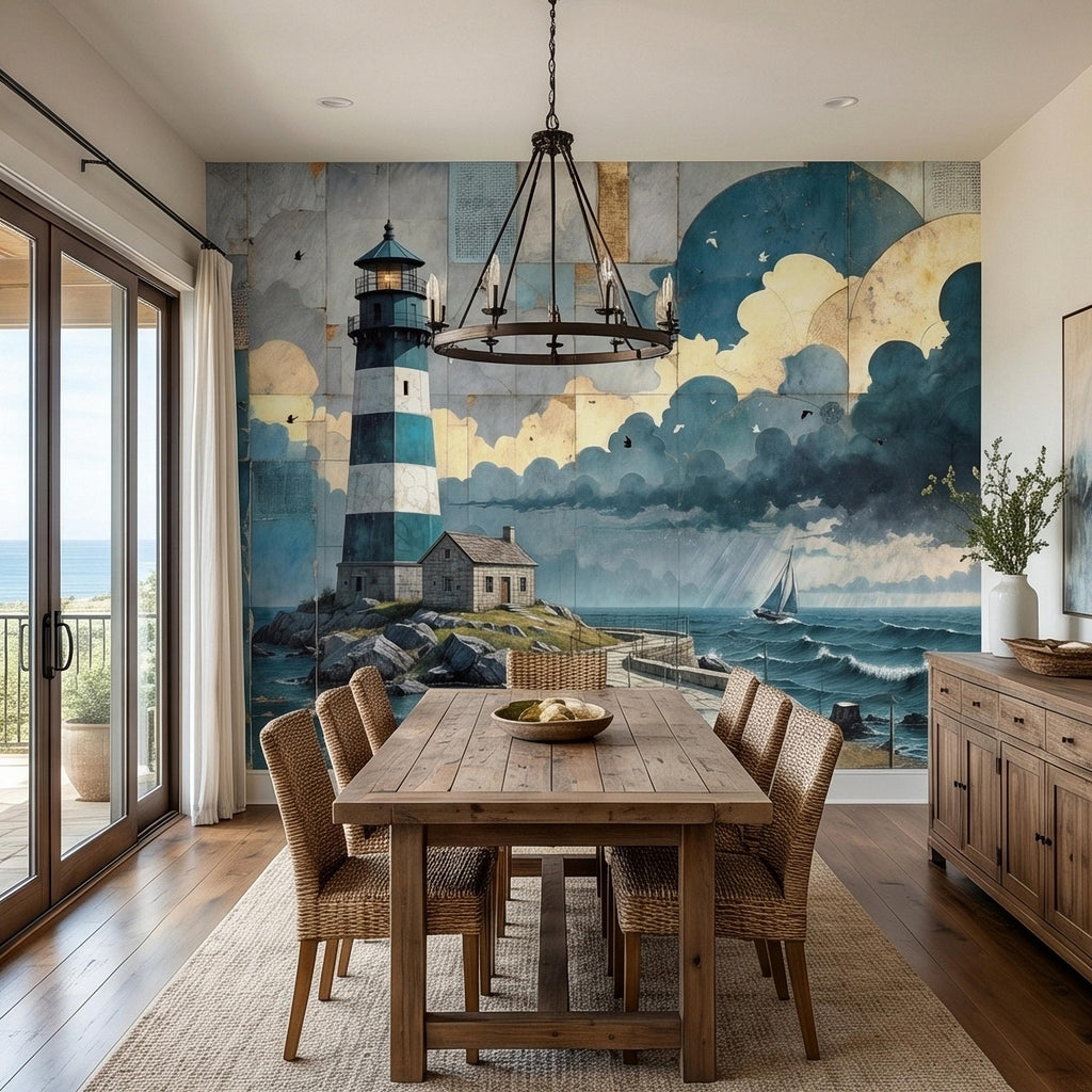 Vintage Coastal Lighthouse Ocean Seascape Collage Peel and Stick Wall Mural, Nautical Sailboat Sea Waves Teal Blue Patchwork Sky Wallpaper