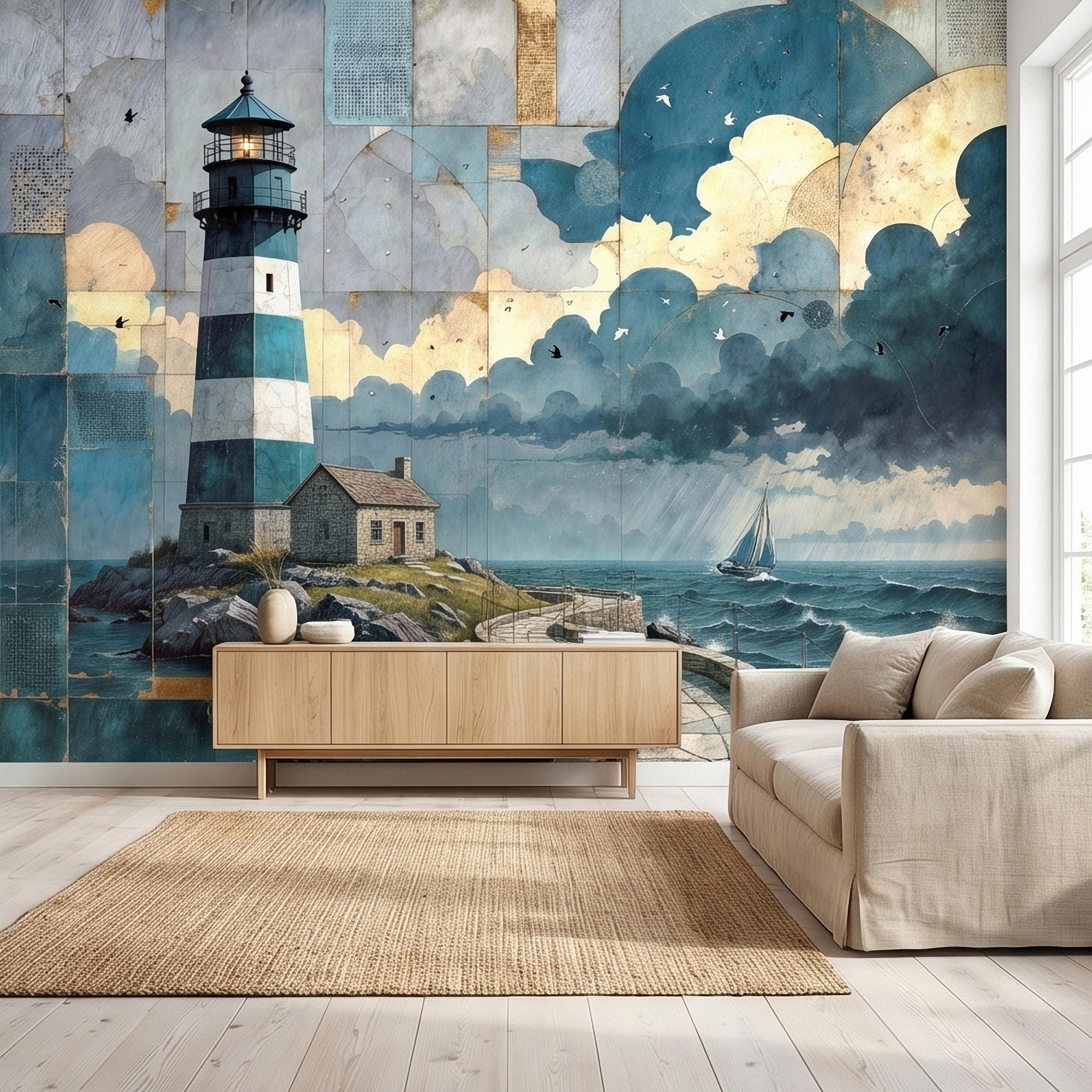 Vintage Coastal Lighthouse Ocean Seascape Collage Peel and Stick Wall Mural, Nautical Sailboat Sea Waves Teal Blue Patchwork Sky Wallpaper