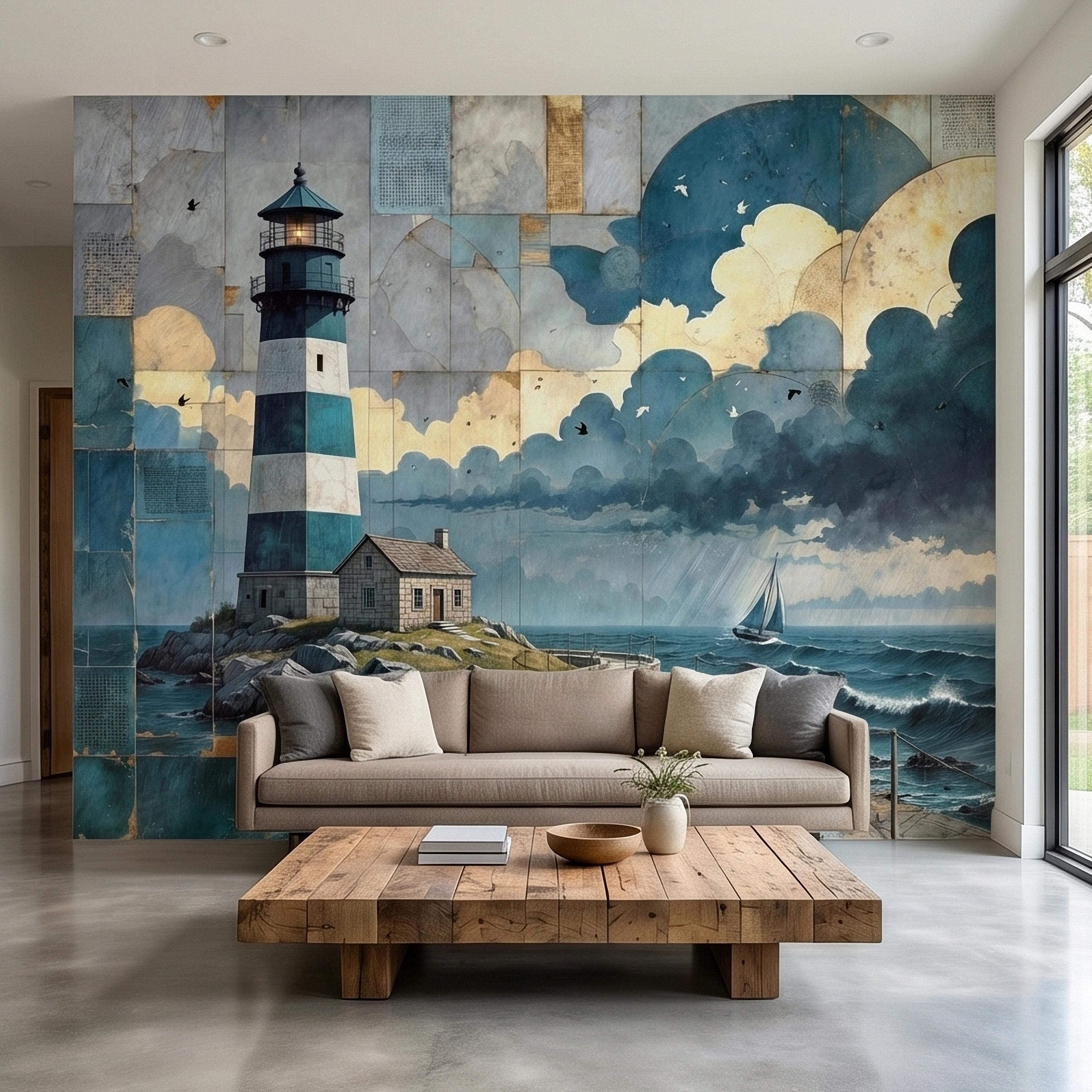 Vintage Coastal Lighthouse Ocean Seascape Collage Peel and Stick Wall Mural, Nautical Sailboat Sea Waves Teal Blue Patchwork Sky Wallpaper