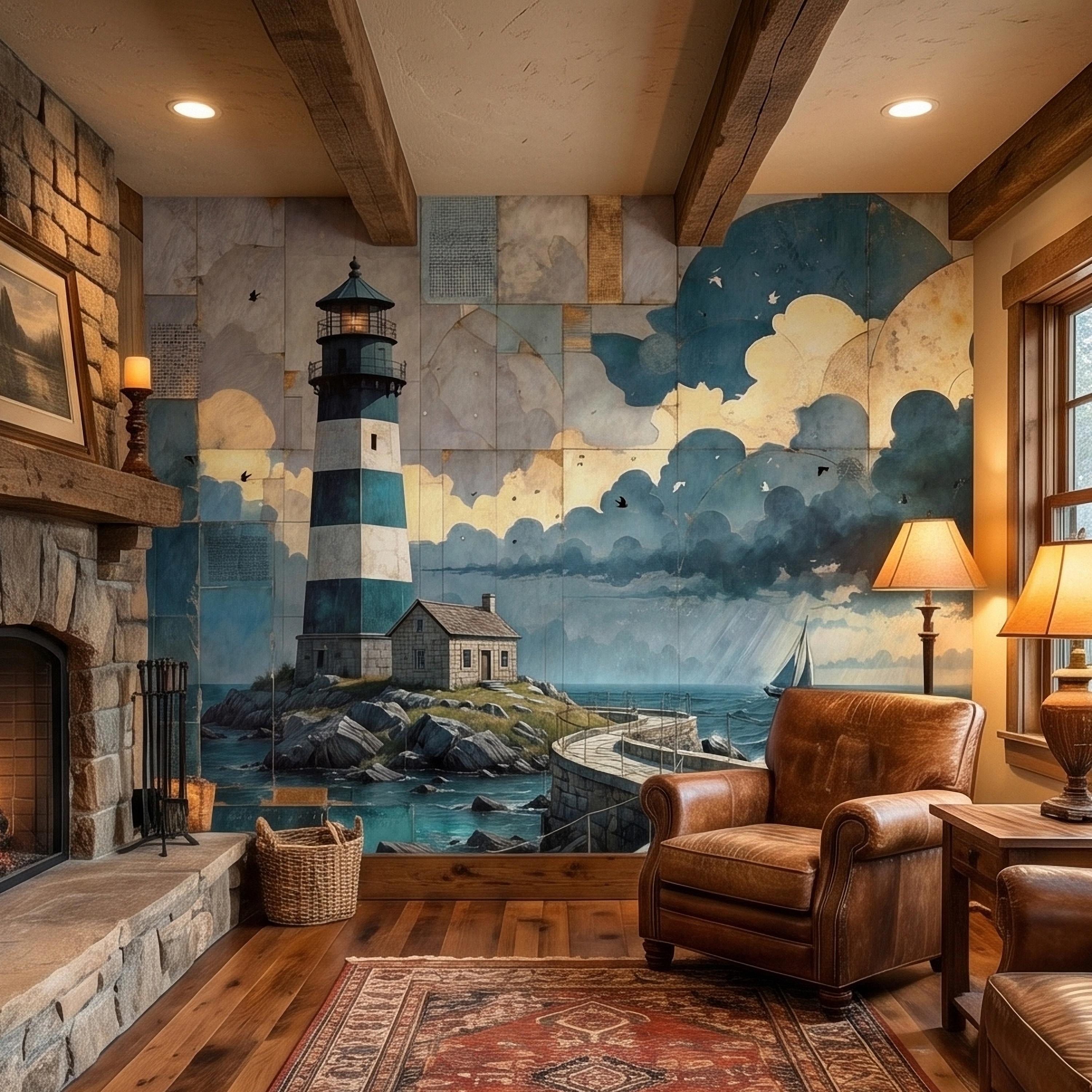 Vintage Coastal Lighthouse Ocean Seascape Collage Peel and Stick Wall Mural, Nautical Sailboat Sea Waves Teal Blue Patchwork Sky Wallpaper