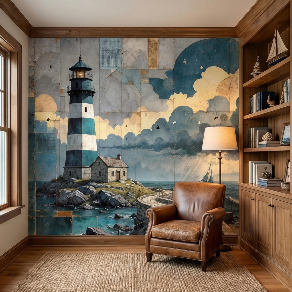 Vintage Coastal Lighthouse Ocean Seascape Collage Peel and Stick Wall Mural, Nautical Sailboat Sea Waves Teal Blue Patchwork Sky Wallpaper