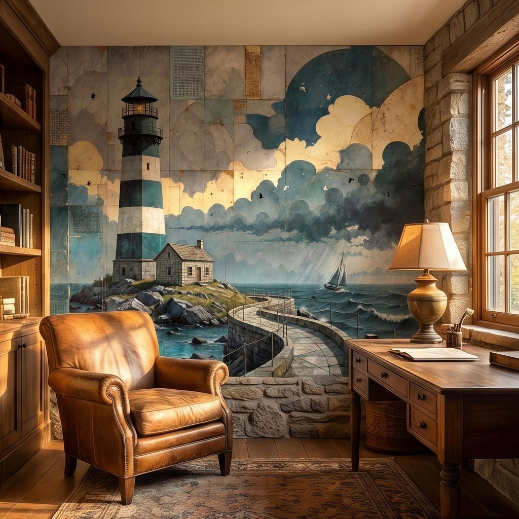 Vintage Coastal Lighthouse Ocean Seascape Collage Peel and Stick Wall Mural, Nautical Sailboat Sea Waves Teal Blue Patchwork Sky Wallpaper