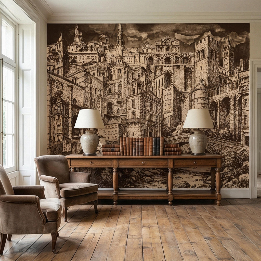 Vintage City Peel and Stick Wall Mural, European Architectural Sketch, Antique Sepia Townscape Scenic Wallpaper