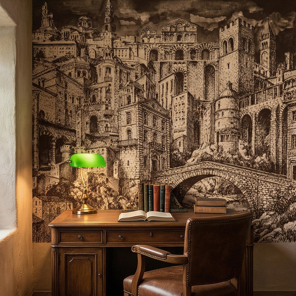 Vintage City Peel and Stick Wall Mural, European Architectural Sketch, Antique Sepia Townscape Scenic Wallpaper