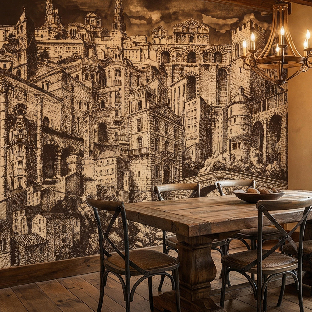 Vintage City Peel and Stick Wall Mural, European Architectural Sketch, Antique Sepia Townscape Scenic Wallpaper