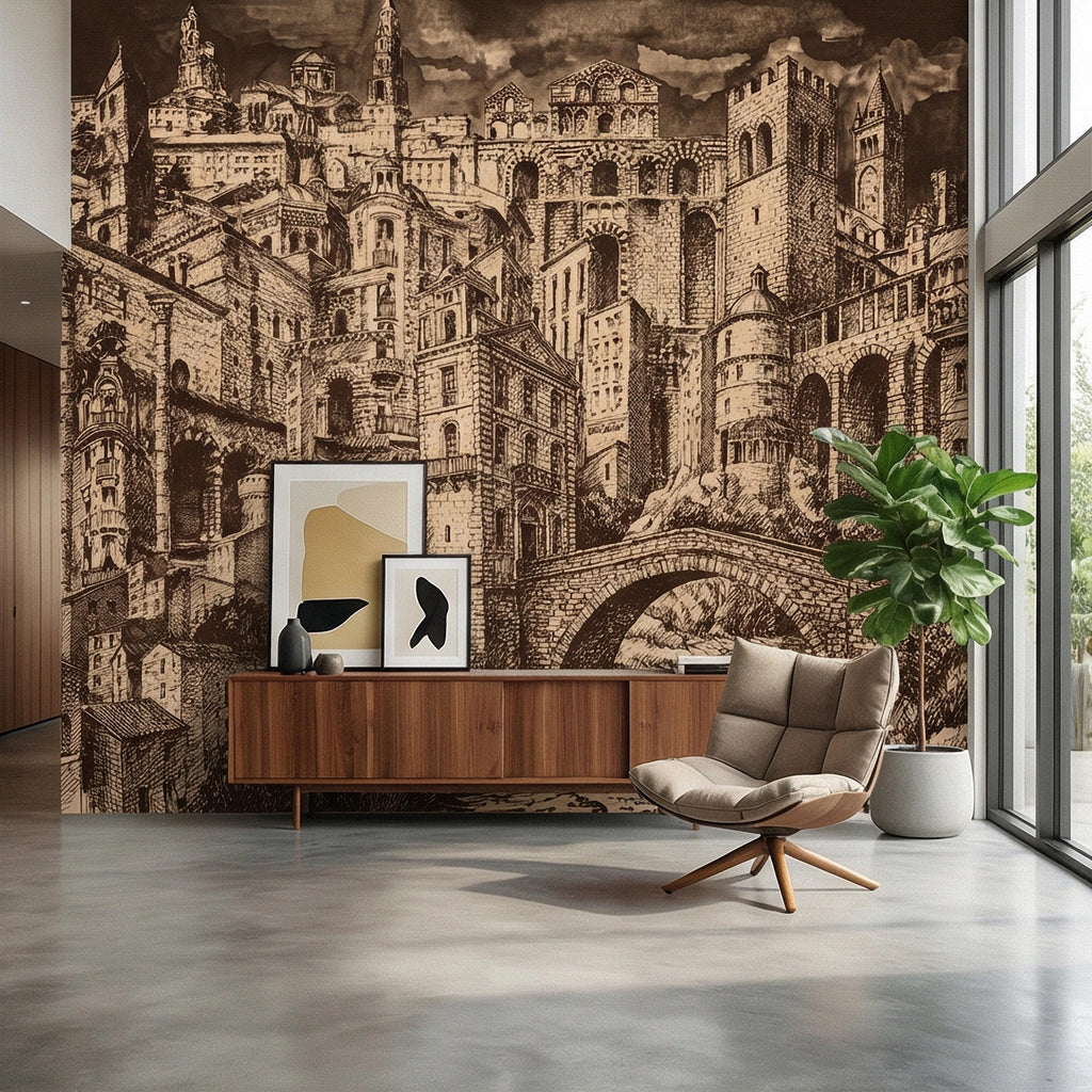 Vintage City Peel and Stick Wall Mural, European Architectural Sketch, Antique Sepia Townscape Scenic Wallpaper