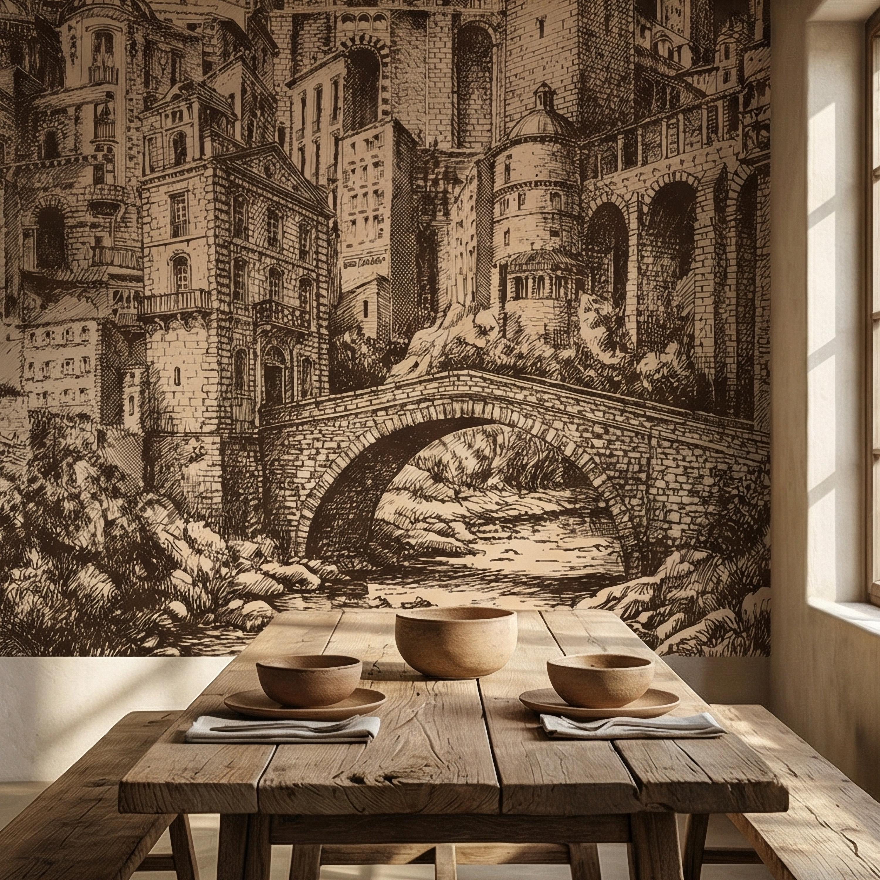 Vintage City Peel and Stick Wall Mural, European Architectural Sketch, Antique Sepia Townscape Scenic Wallpaper