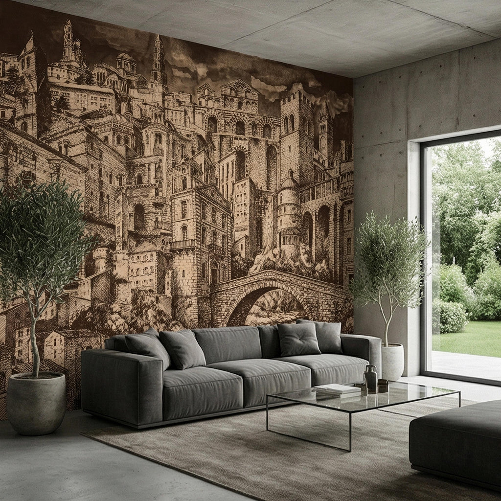 Vintage City Peel and Stick Wall Mural, European Architectural Sketch, Antique Sepia Townscape Scenic Wallpaper