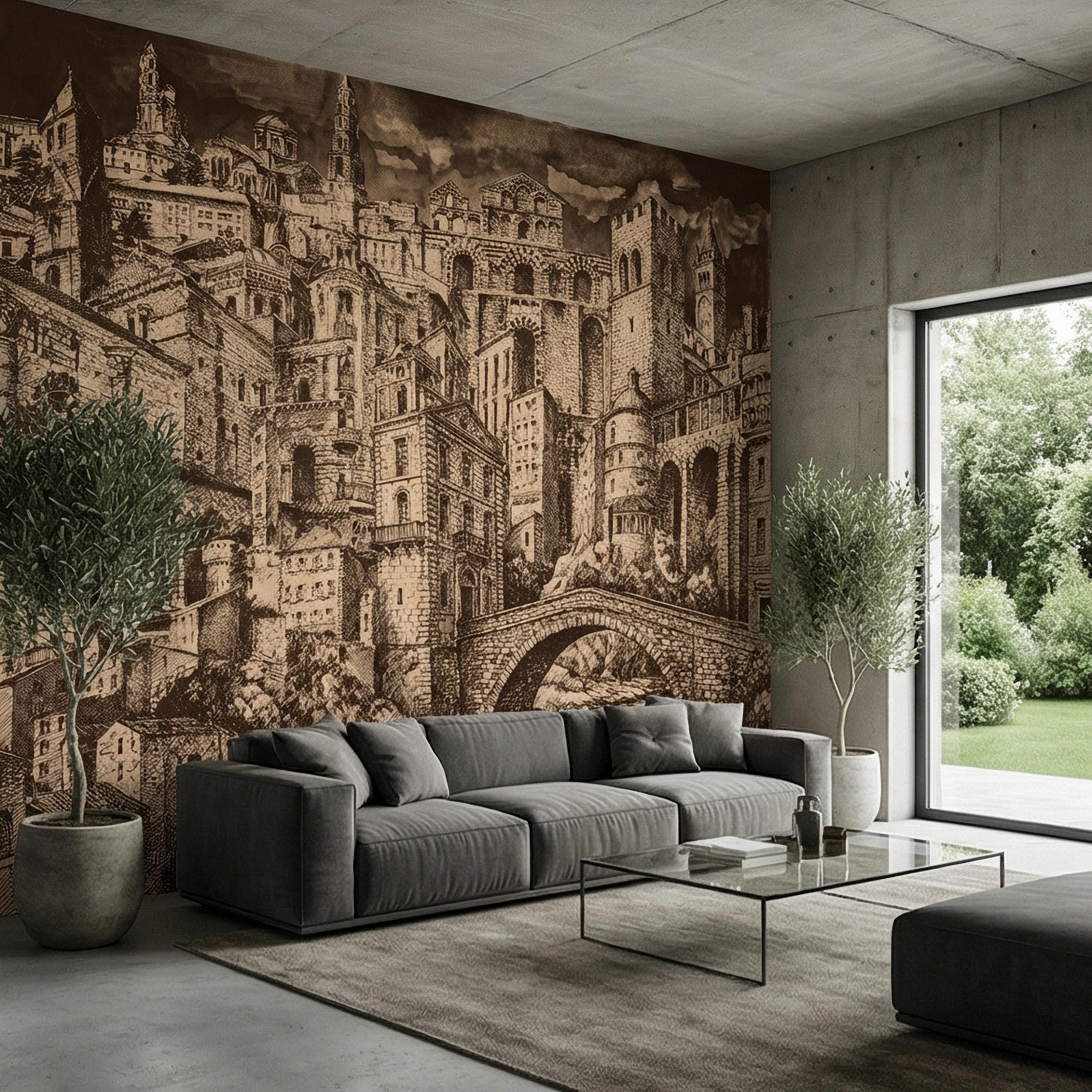 Vintage City Peel and Stick Wall Mural, European Architectural Sketch, Antique Sepia Townscape Scenic Wallpaper