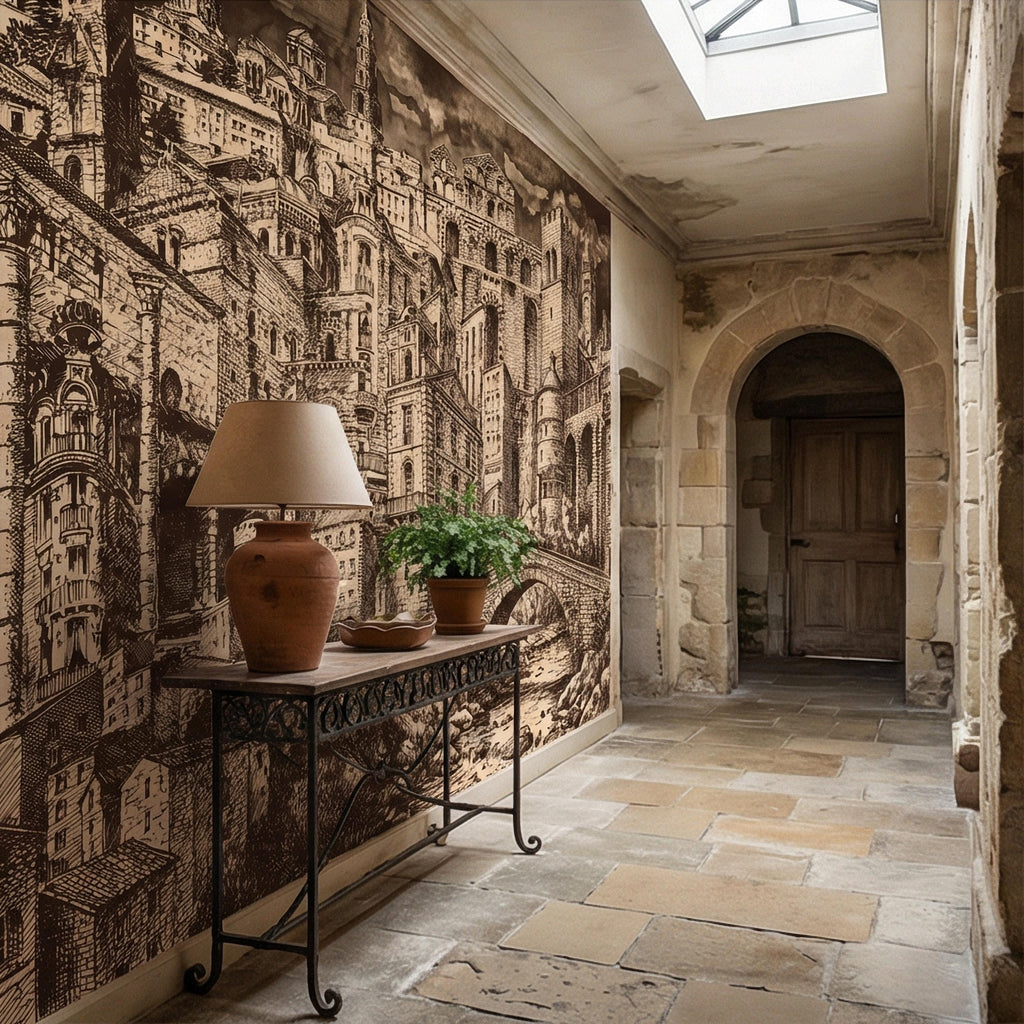 Vintage City Peel and Stick Wall Mural, European Architectural Sketch, Antique Sepia Townscape Scenic Wallpaper