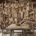 Vintage City Peel and Stick Wall Mural, European Architectural Sketch, Antique Sepia Townscape Scenic Wallpaper