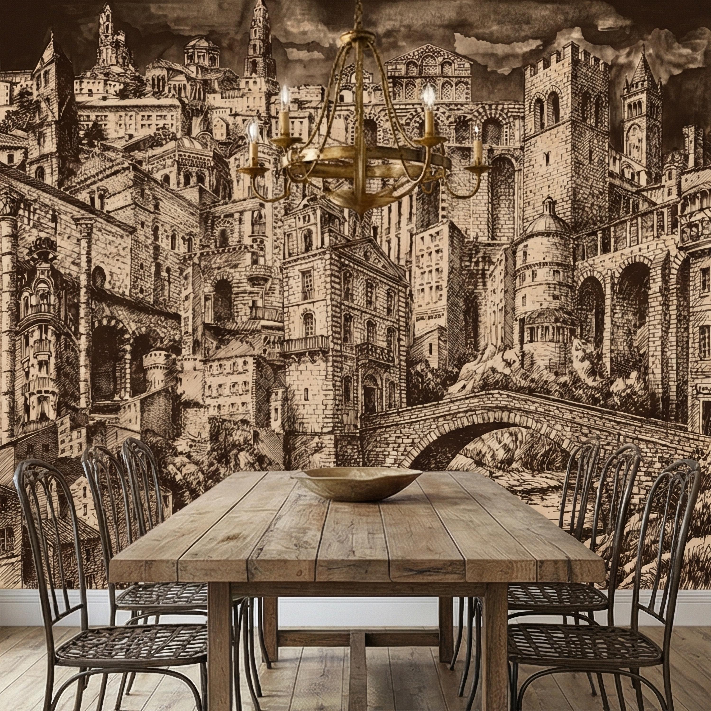 Vintage City Peel and Stick Wall Mural, European Architectural Sketch, Antique Sepia Townscape Scenic Wallpaper