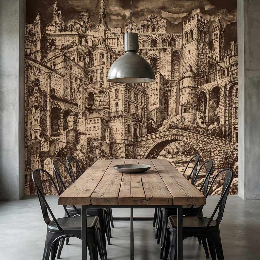 Vintage City Peel and Stick Wall Mural, European Architectural Sketch, Antique Sepia Townscape Scenic Wallpaper