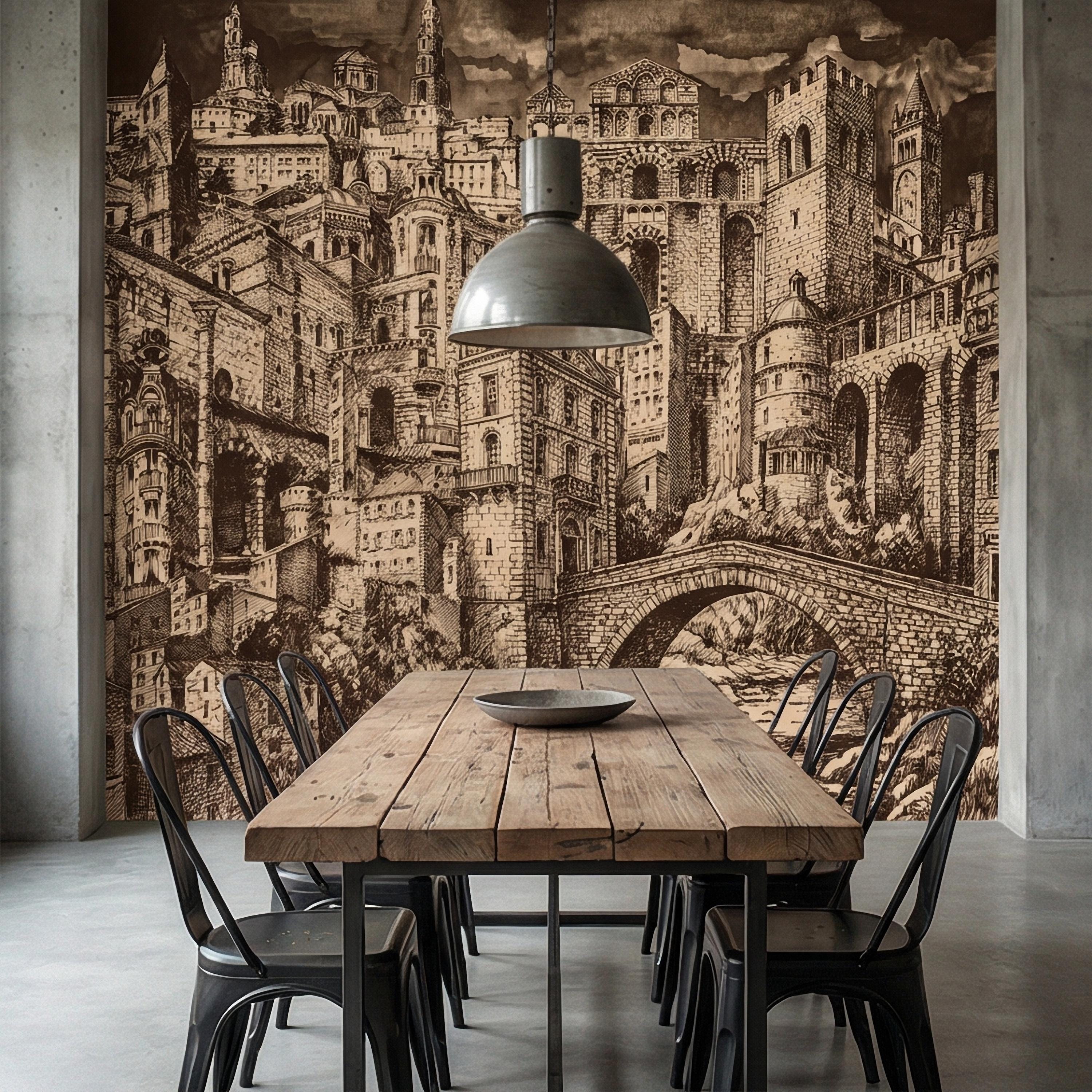 Vintage City Peel and Stick Wall Mural, European Architectural Sketch, Antique Sepia Townscape Scenic Wallpaper