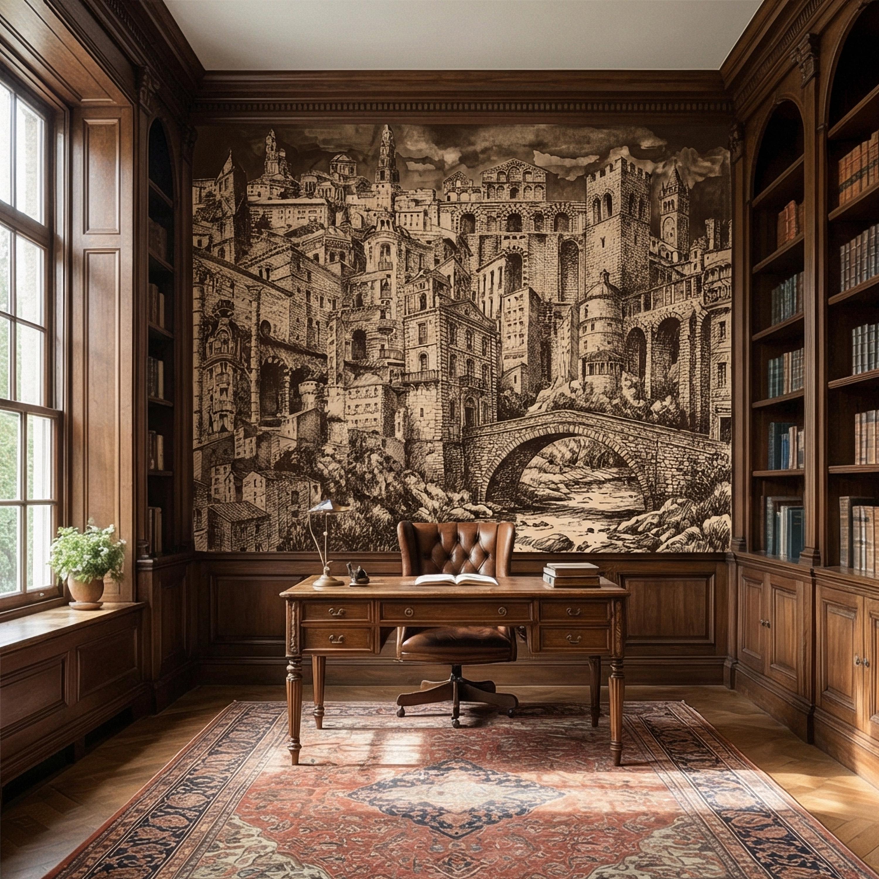 Vintage City Peel and Stick Wall Mural, European Architectural Sketch, Antique Sepia Townscape Scenic Wallpaper