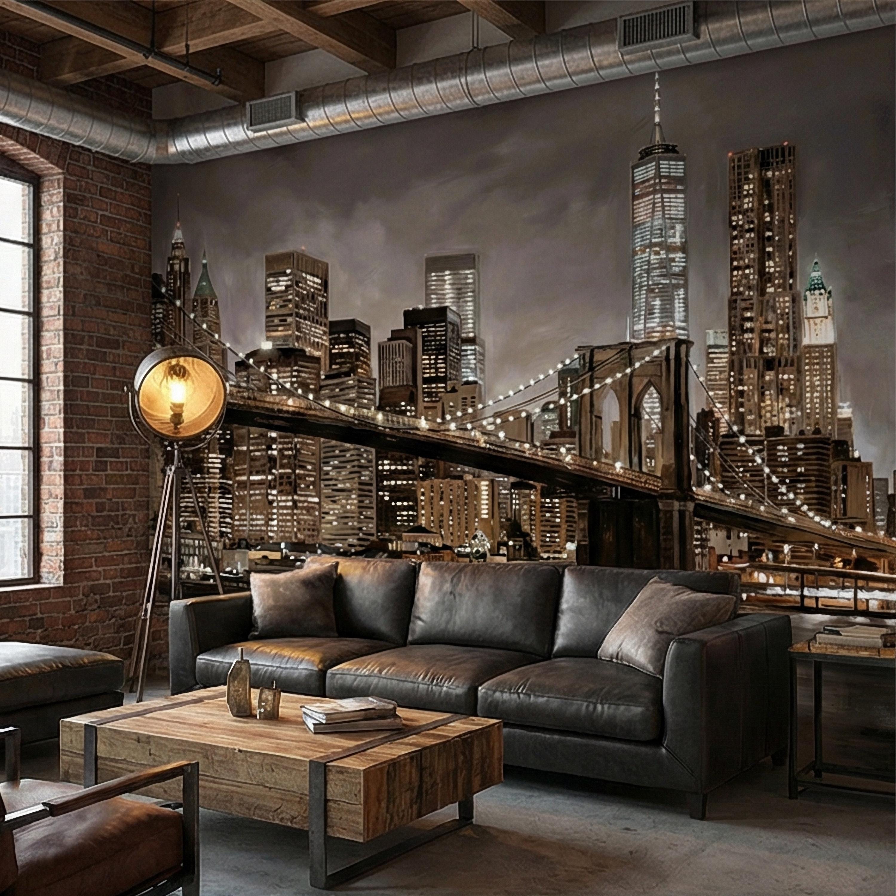 New York City Peel and Stick Wall Mural, Brooklyn Bridge Night Skyline, Moody Urban Architecture, Manhattan Wallpaper