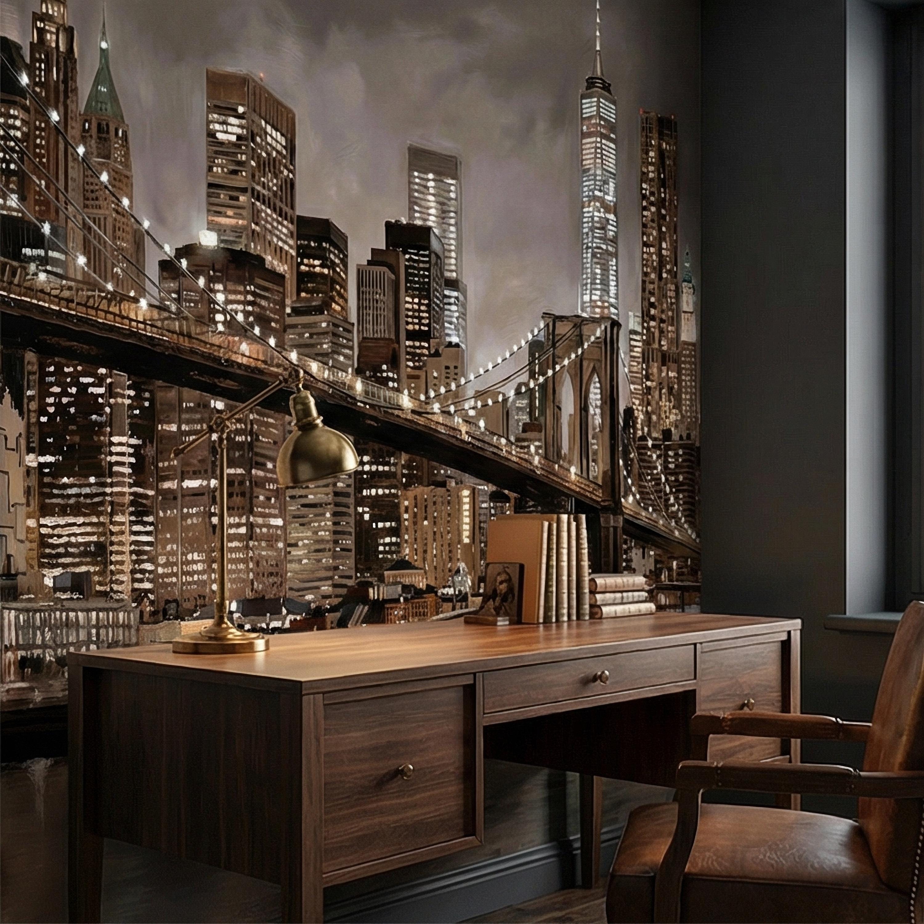 New York City Peel and Stick Wall Mural, Brooklyn Bridge Night Skyline, Moody Urban Architecture, Manhattan Wallpaper
