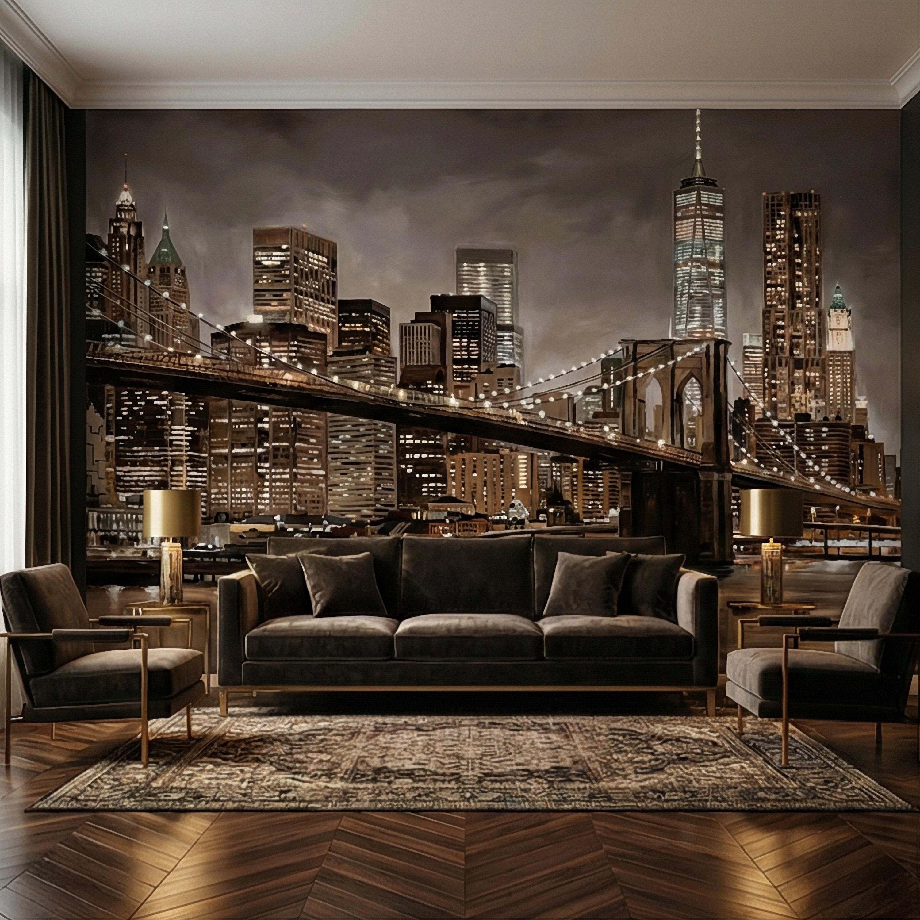 New York City Peel and Stick Wall Mural, Brooklyn Bridge Night Skyline, Moody Urban Architecture, Manhattan Wallpaper