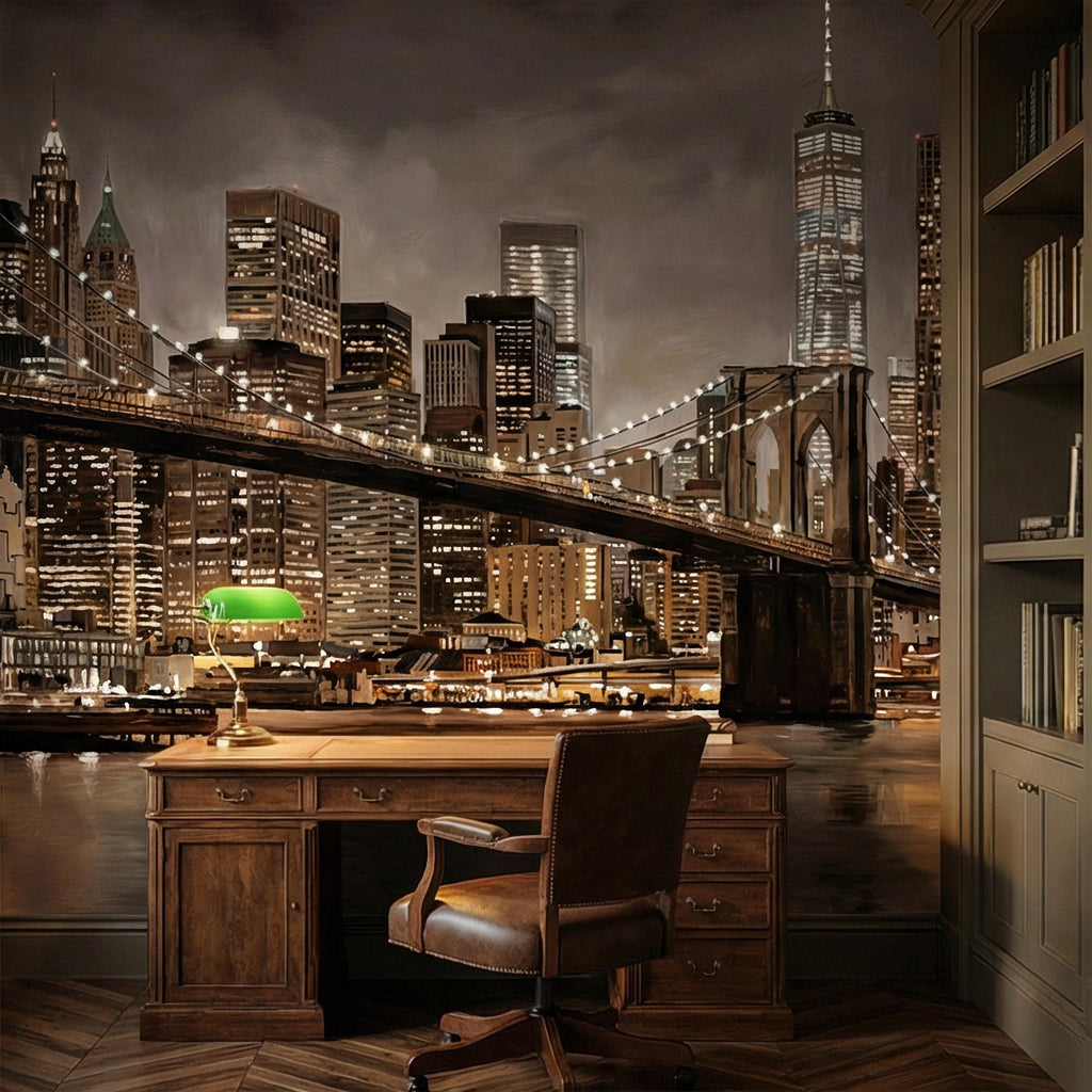 New York City Peel and Stick Wall Mural, Brooklyn Bridge Night Skyline, Moody Urban Architecture, Manhattan Wallpaper