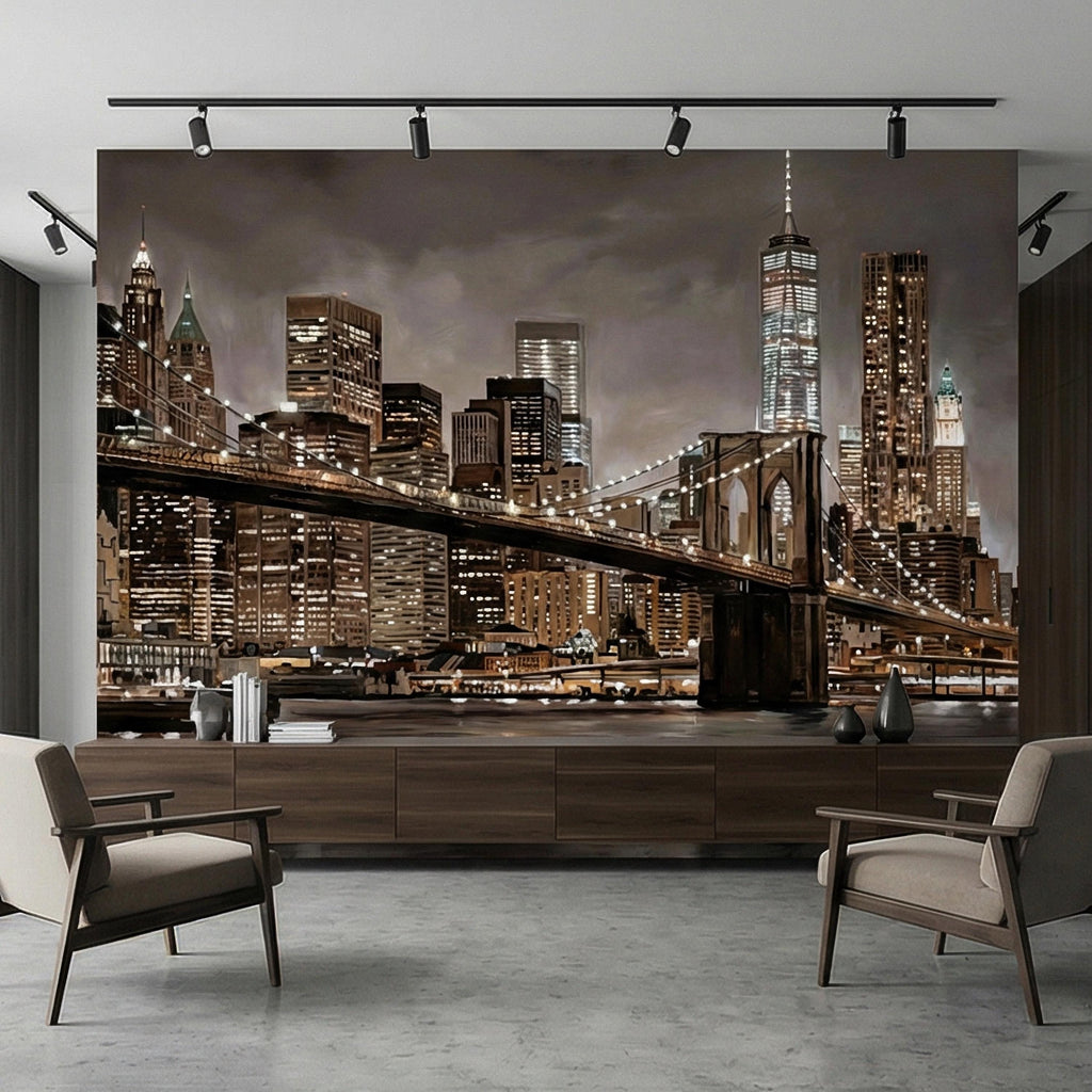 New York City Peel and Stick Wall Mural, Brooklyn Bridge Night Skyline, Moody Urban Architecture, Manhattan Wallpaper