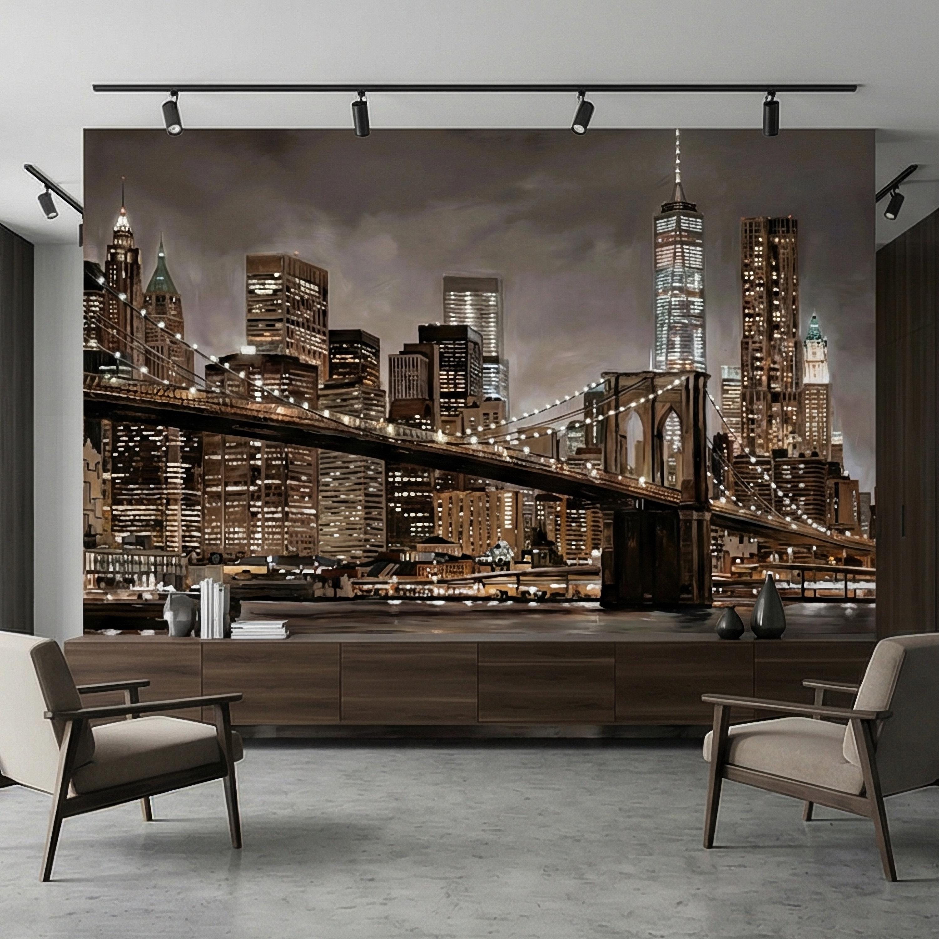New York City Peel and Stick Wall Mural, Brooklyn Bridge Night Skyline, Moody Urban Architecture, Manhattan Wallpaper