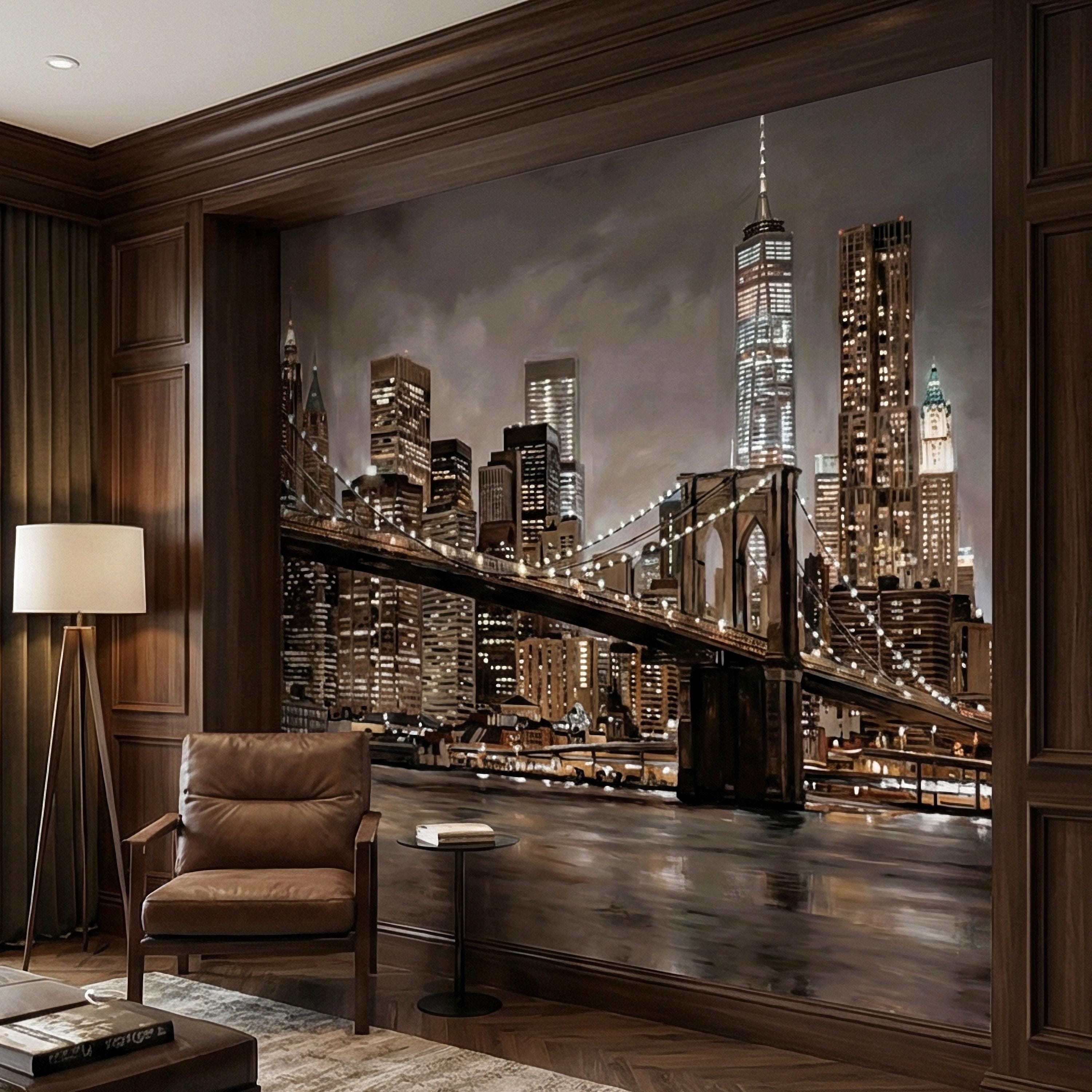 New York City Peel and Stick Wall Mural, Brooklyn Bridge Night Skyline, Moody Urban Architecture, Manhattan Wallpaper