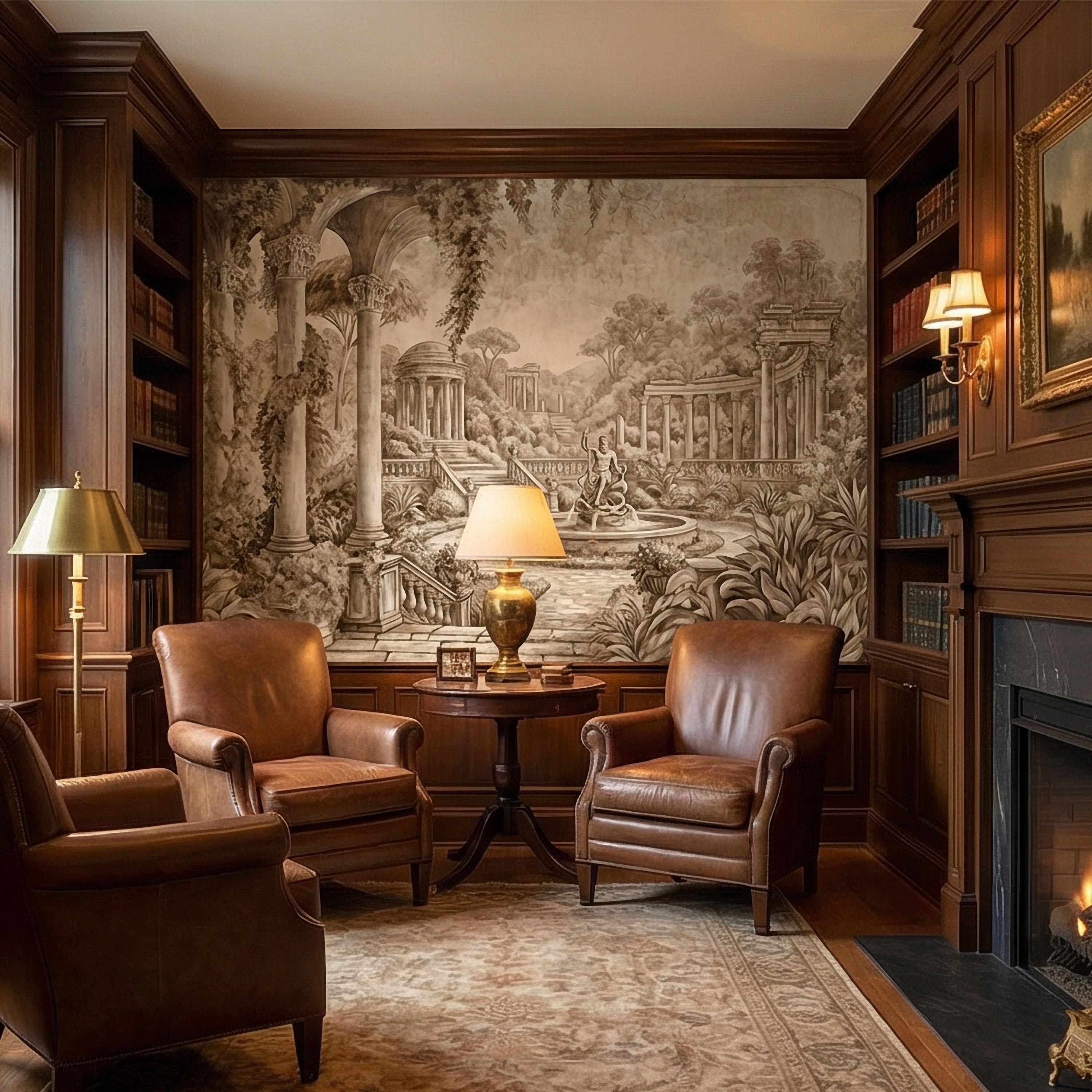 Classical Garden Peel and Stick Wall Mural, Antique Roman Fountain Landscape, Neutral Old World Architectural Wallpaper