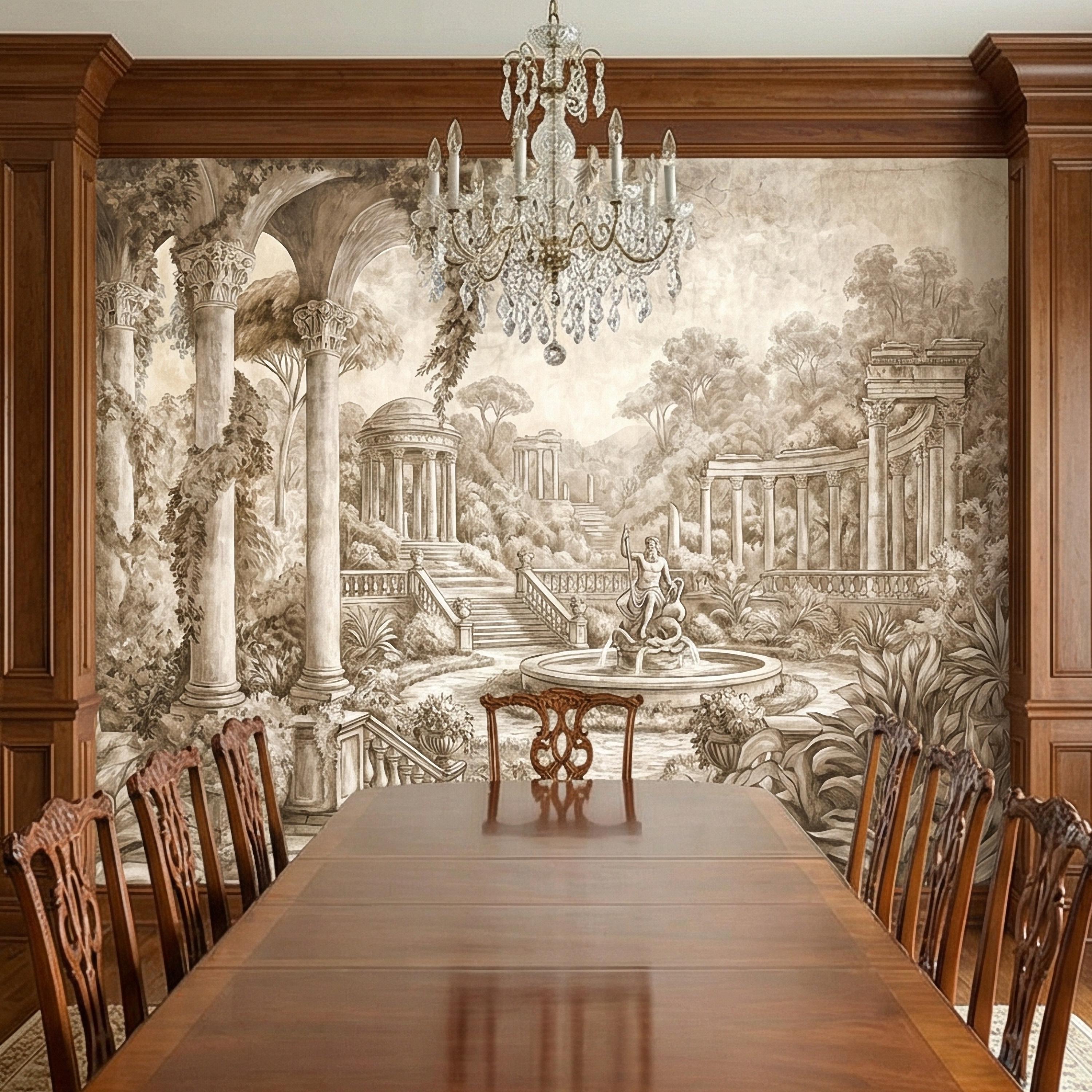 Classical Garden Peel and Stick Wall Mural, Antique Roman Fountain Landscape, Neutral Old World Architectural Wallpaper