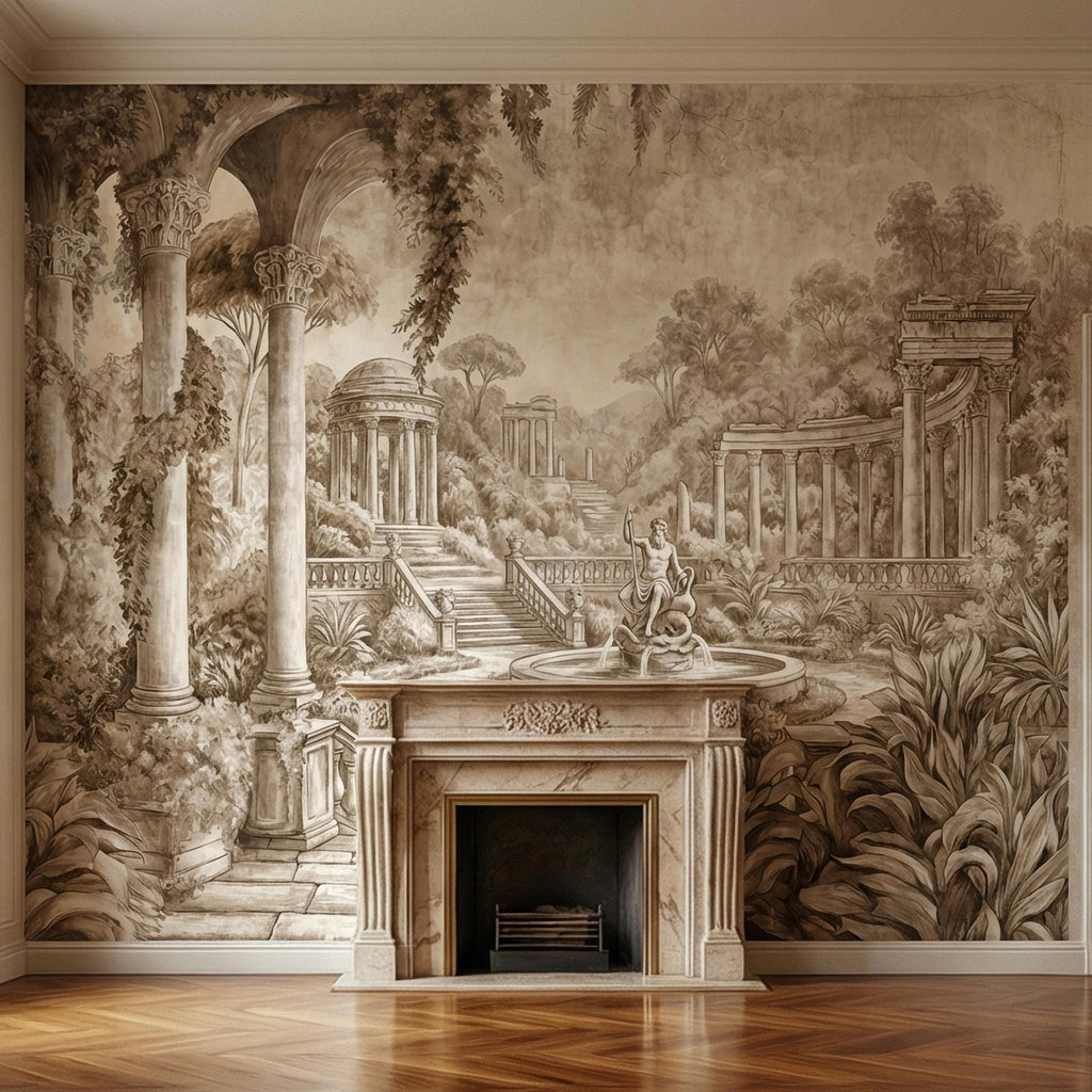 Classical Garden Peel and Stick Wall Mural, Antique Roman Fountain Landscape, Neutral Old World Architectural Wallpaper