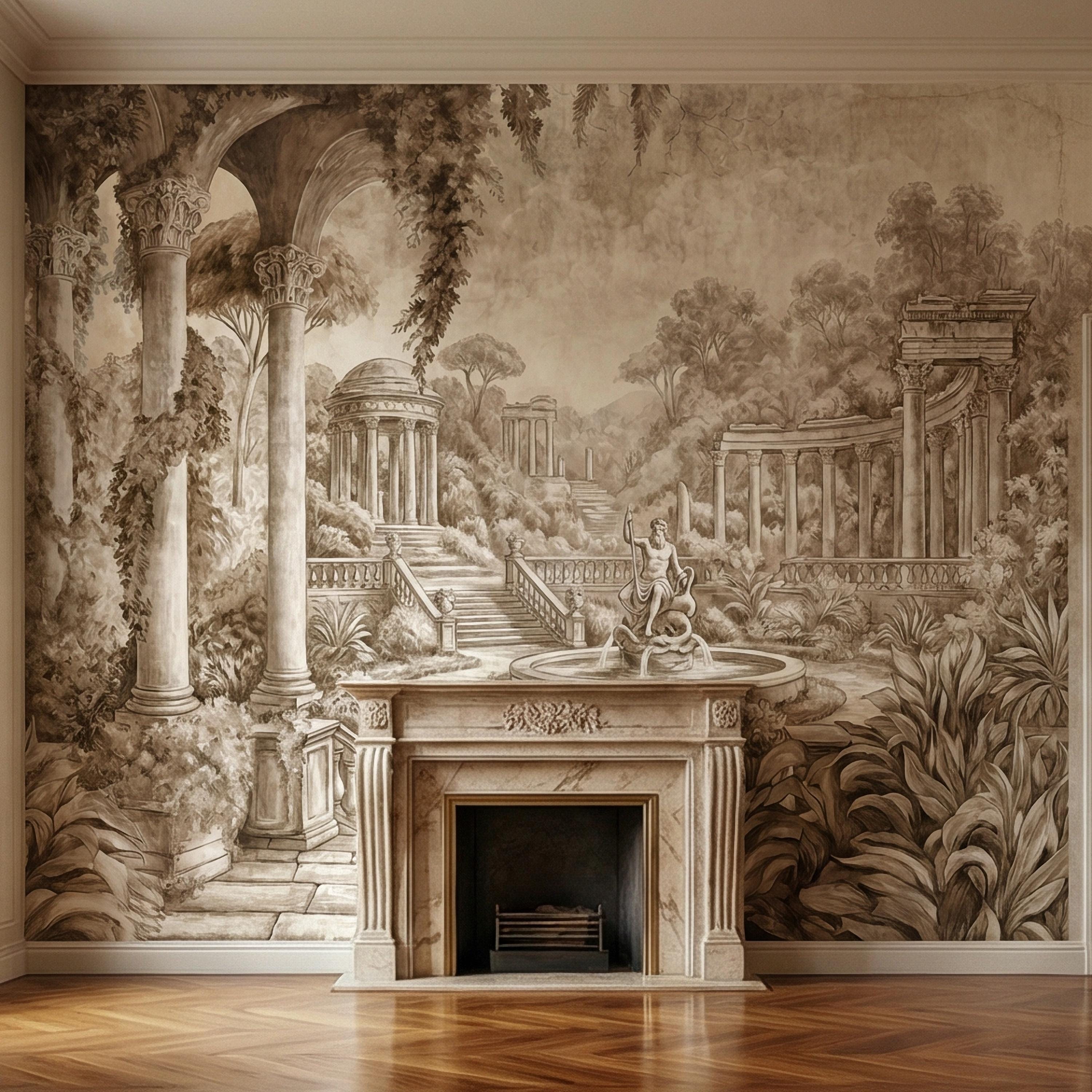 Classical Garden Peel and Stick Wall Mural, Antique Roman Fountain Landscape, Neutral Old World Architectural Wallpaper